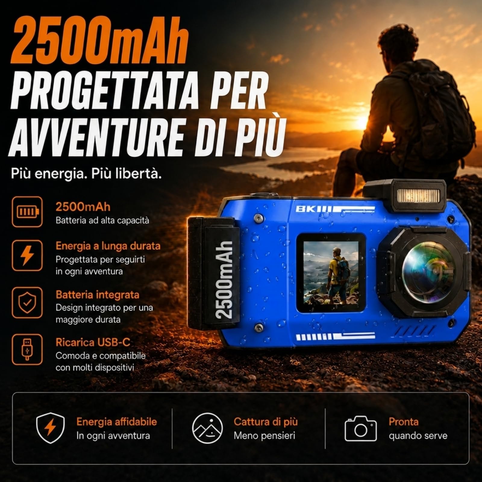 MaxMango D50 33FT Macchina Fotografica Subacquea Impermeabile, 8K 70MP Fotocamera Digitale con 16 GB di Scheda, Doppio Schermo 2.8'' per Selfie, 18x Zoom, Resistente a Polvere e Urti per Snorkeling
