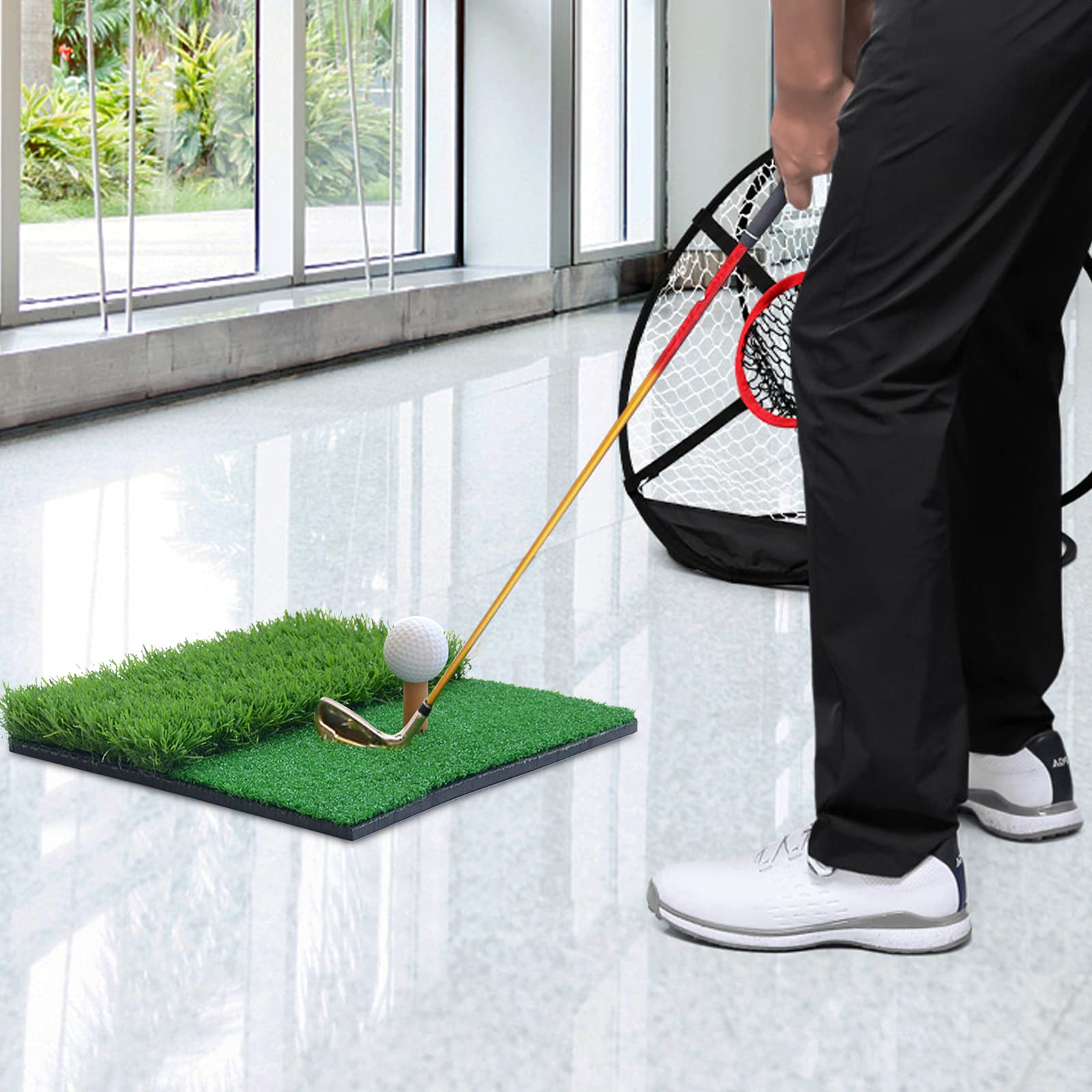 Esterilla de golf de 30 x 30 cm, alfombrilla de golf para interior y exterior, portátil, incluye para entrenamiento de putting (hierba larga y corta)