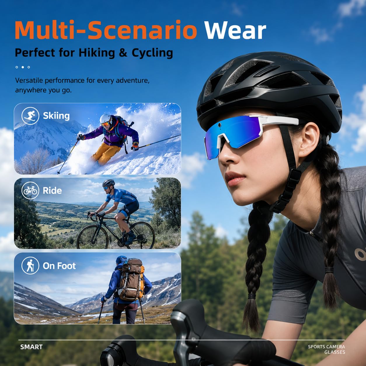 Lunettes Intelligentes 4K AI, Caméra 8MP, Lunettes de Sport Bluetooth avec Commande Vocale, Stabilisation EIS, IP54 pour Le Cyclisme, Le Ski, la Randonnée (Orange Rouge)