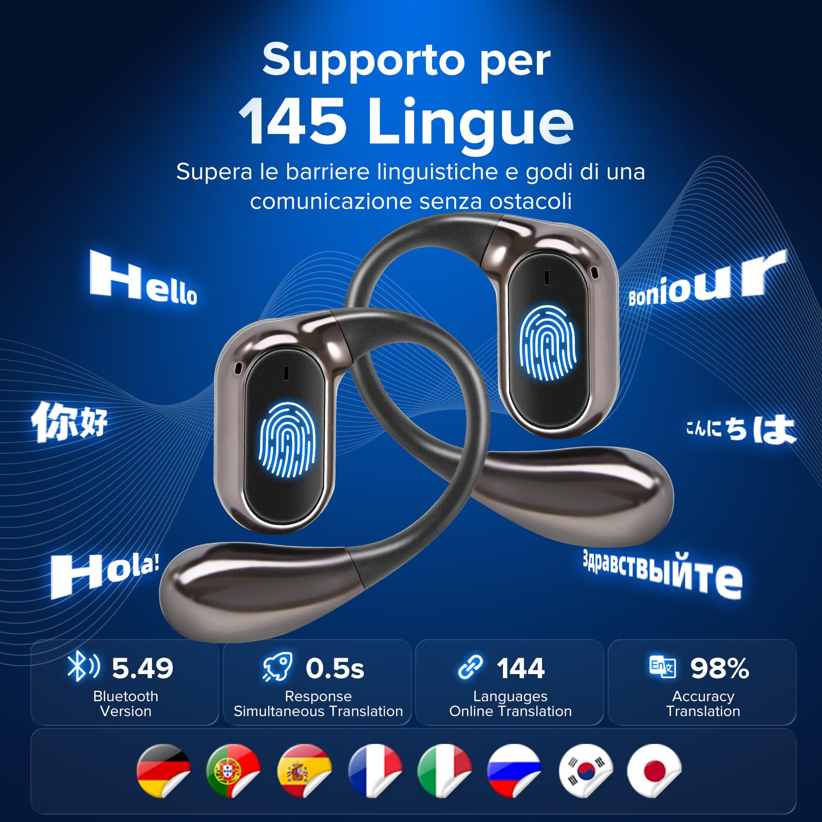 Cuffie Traduttore con Traduzione Simultanea in 145 Lingue – Auricolari Bluetooth 5.4 con Riduzione Rumore ENC, Traduttore Vocale Istantaneo Multilingue per Viaggi, Lavoro e Vita Quotidiana