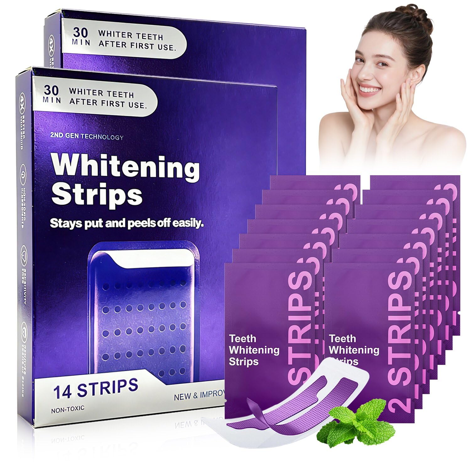 Photo 1 of 2pc Purple whitening Strips, 14 Strips per Box. Lasting Results, Enamel Safe & Low-Sensitivity, Professional Teeth Whitening Strips with Non-Slip Dry Strip Technology,and Makes Your Smile Brighter