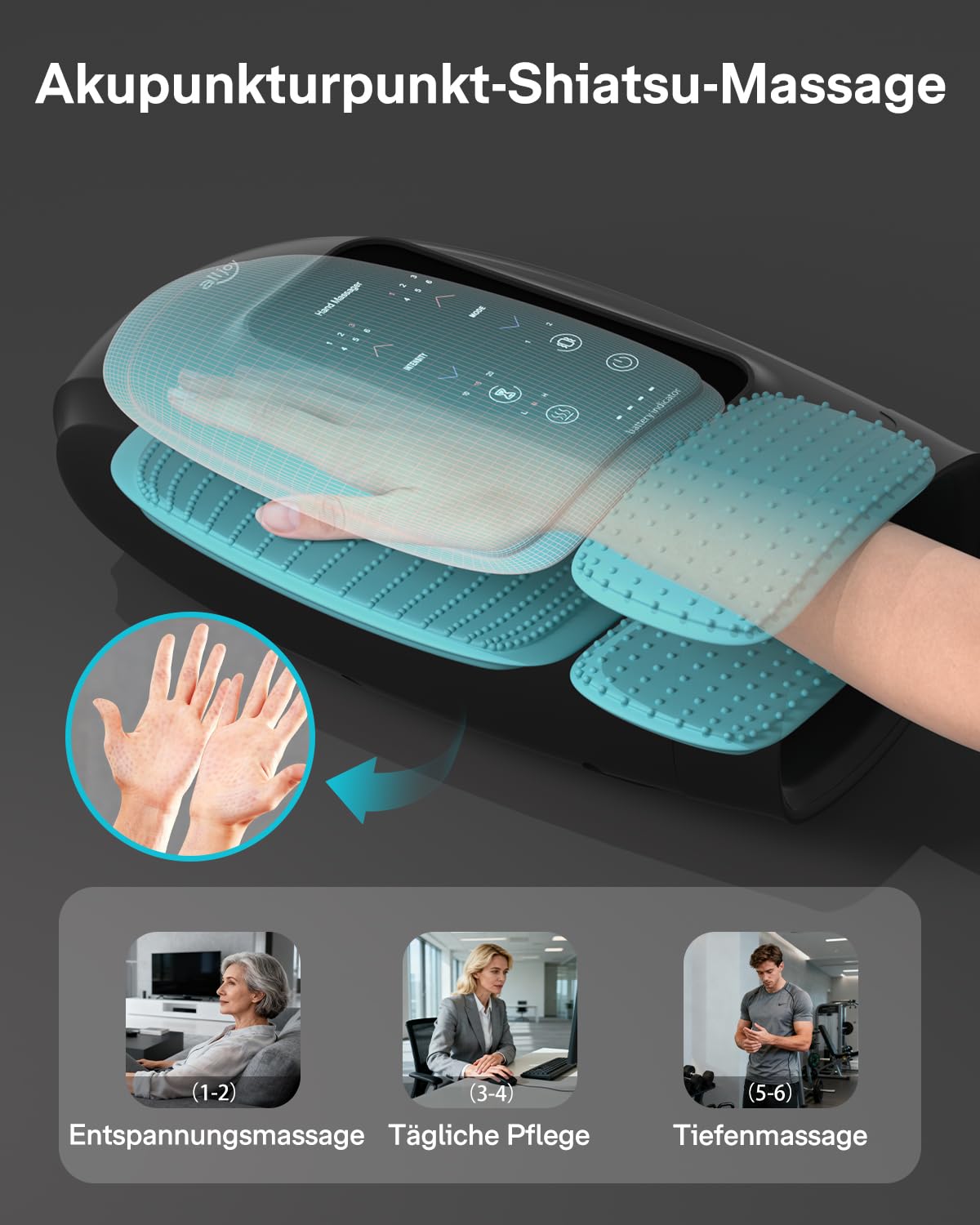 ALLJOY Handmassagegerät Touchscreen Shiatsu Wärme Kompression Arthritis