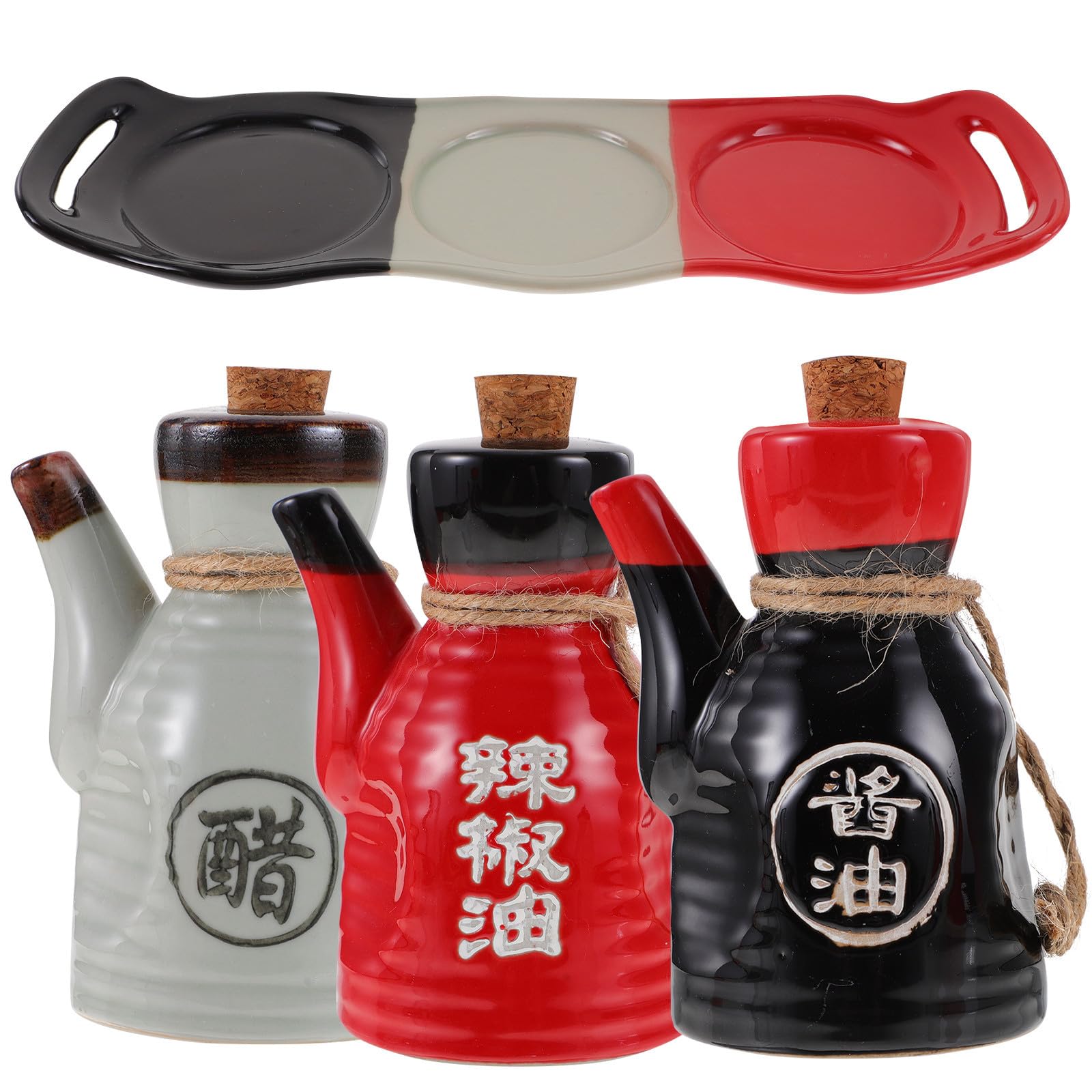 Set 1 Bottiglia di Ceramica capacità 200ml, Design Elegante per Uso Quotidiano in Stile Giapponese con Vassoio e Tappo in Sughero per Salsa di Soia e Aceto in Cucina