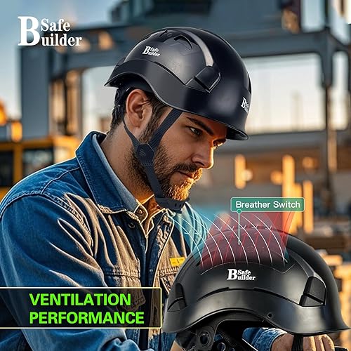 Vista 50 de Casco de seguridad industrial con visera ABS casco duro con visera ajustable Ventilación Hardhats construcción cabeza protección ANSI Z89.1 Casco