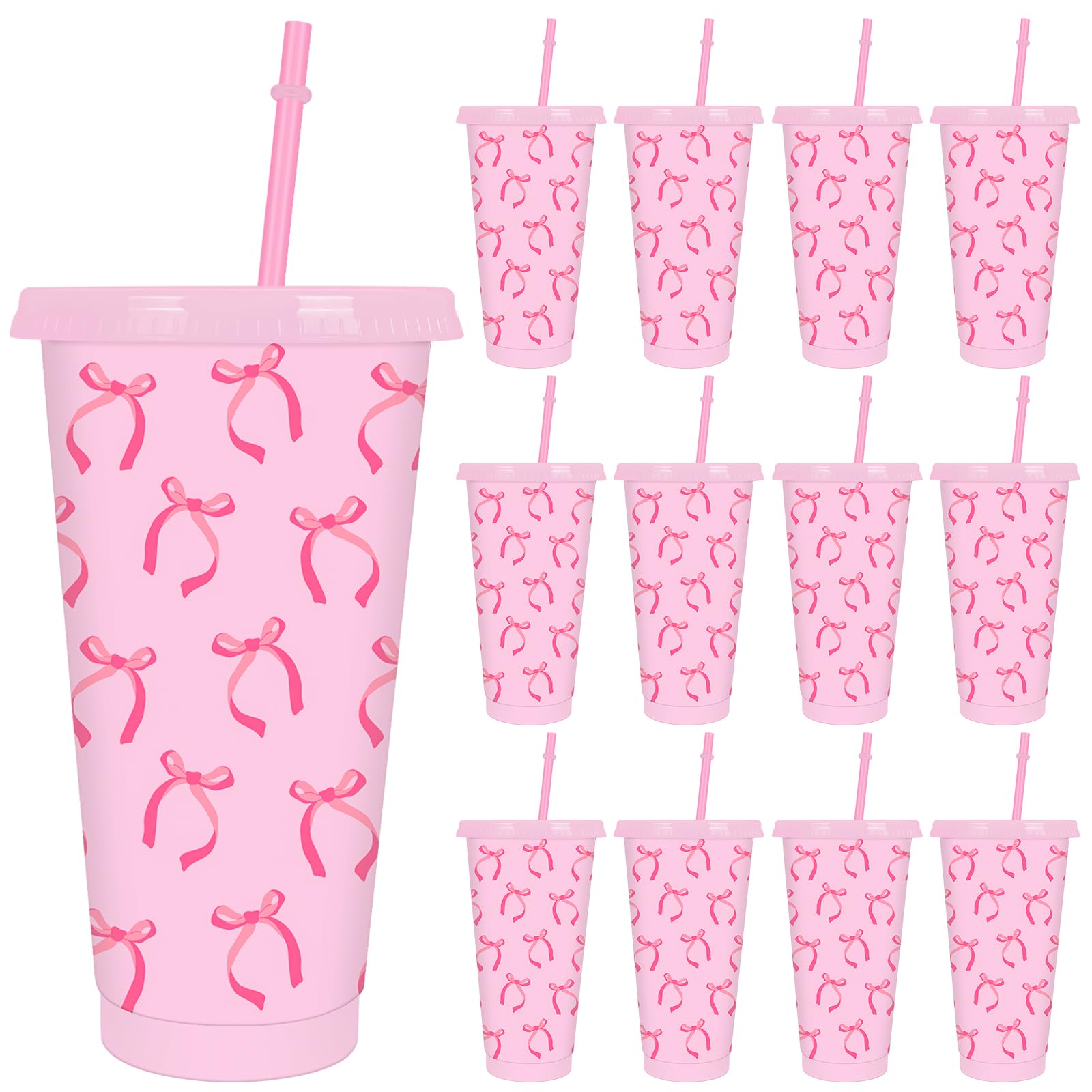 FYSUIMU 12 Pcs Pink Bow Party Cups with Lids Straws Bowknot Coquette Plastic Tumblers Preppy Reusable Water Bottle for Iced Coffee Drinks Travel, 24