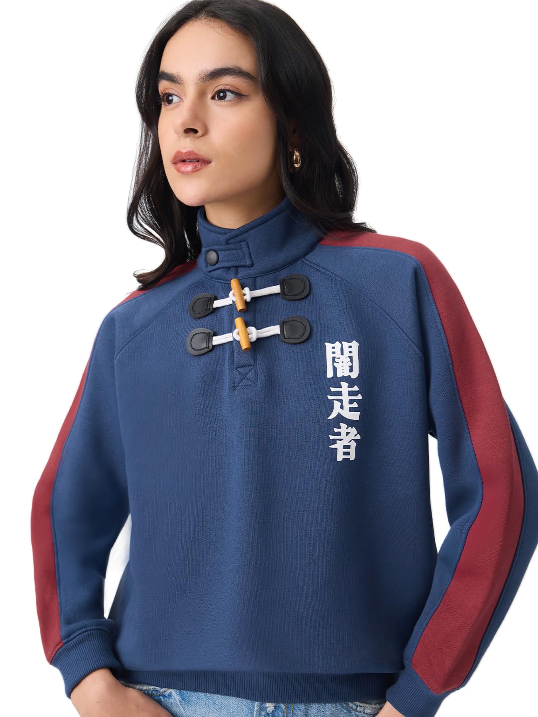 the souled store Night Racer Women and Girls Three-Quarter Sleeves Mock Neck Blue and Maroon Colour-Block Cotton Blend Regular Fit Lightweight Everyday Pullover Sweatshirt-picture-23