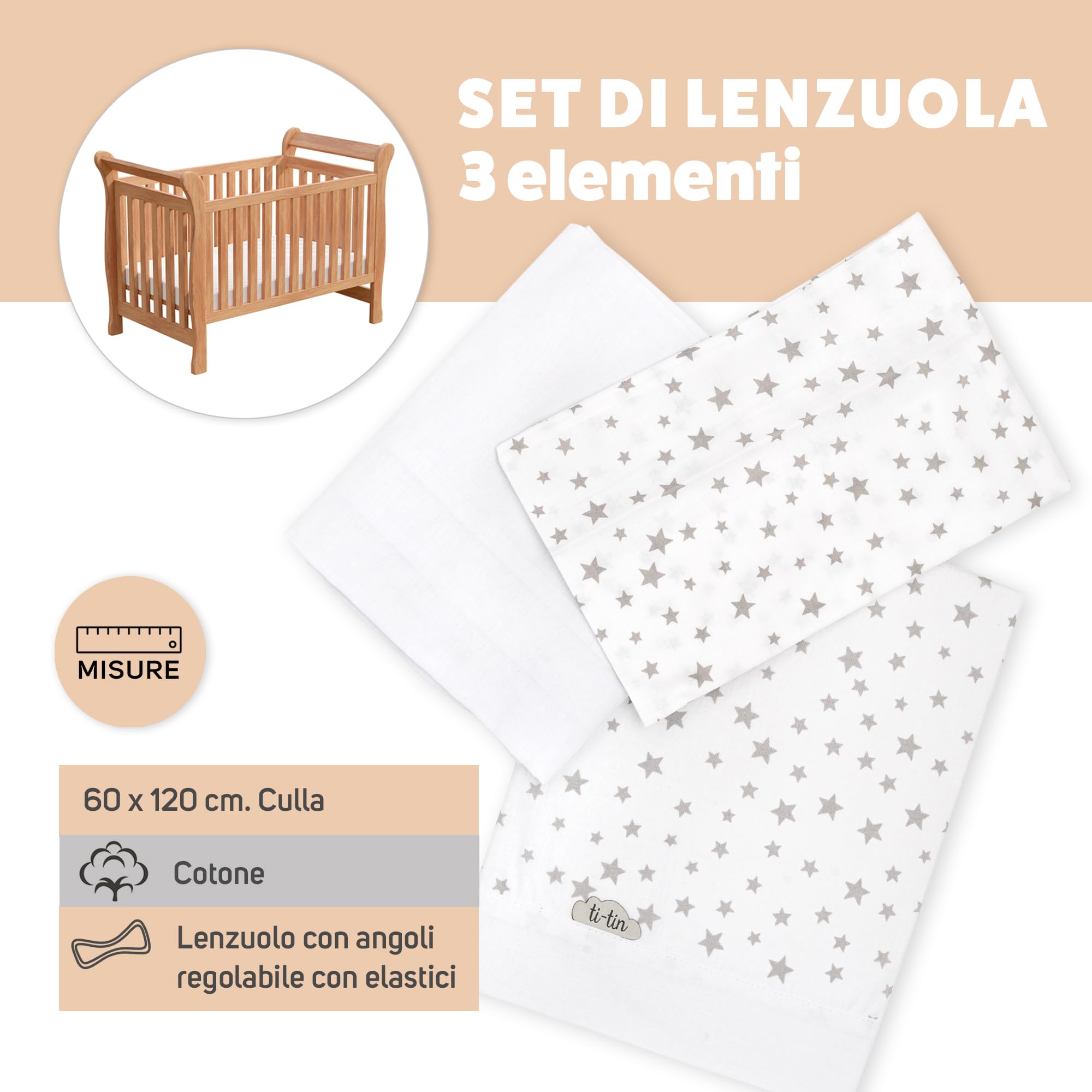 Ti TIN | Set Per Culla con Lenzuolo con Angoli, Lenzuolo, Federa, 100% Cotone | Set di 2 Lenzuola e 1 Federa | 60x120 cm