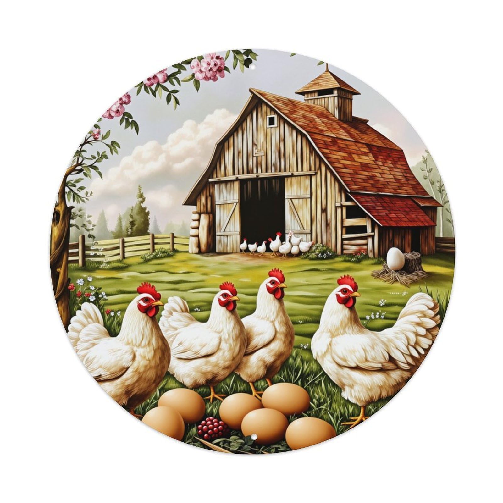 Farmhouse Chickens Eggs Barn Flowers Round Tin Sign Vintage Metal Poster, Home Bar Garage Man Cave Cafe Indoor & Outdoor Wall Decoration 8x8Inches