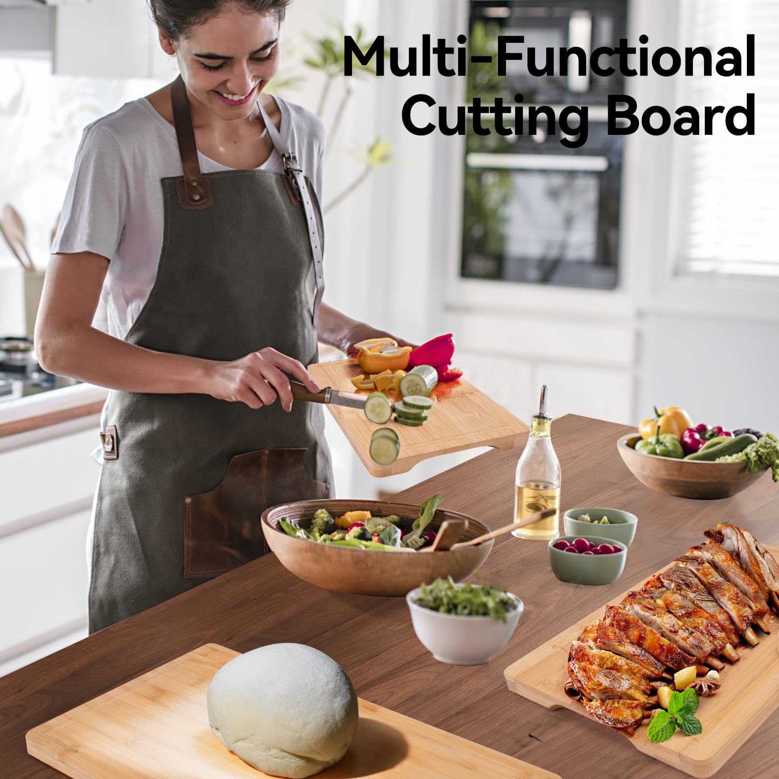 Juego de 3 Tablas de Cortar de Bambú para Carne, Jamón, Pan y Quesos