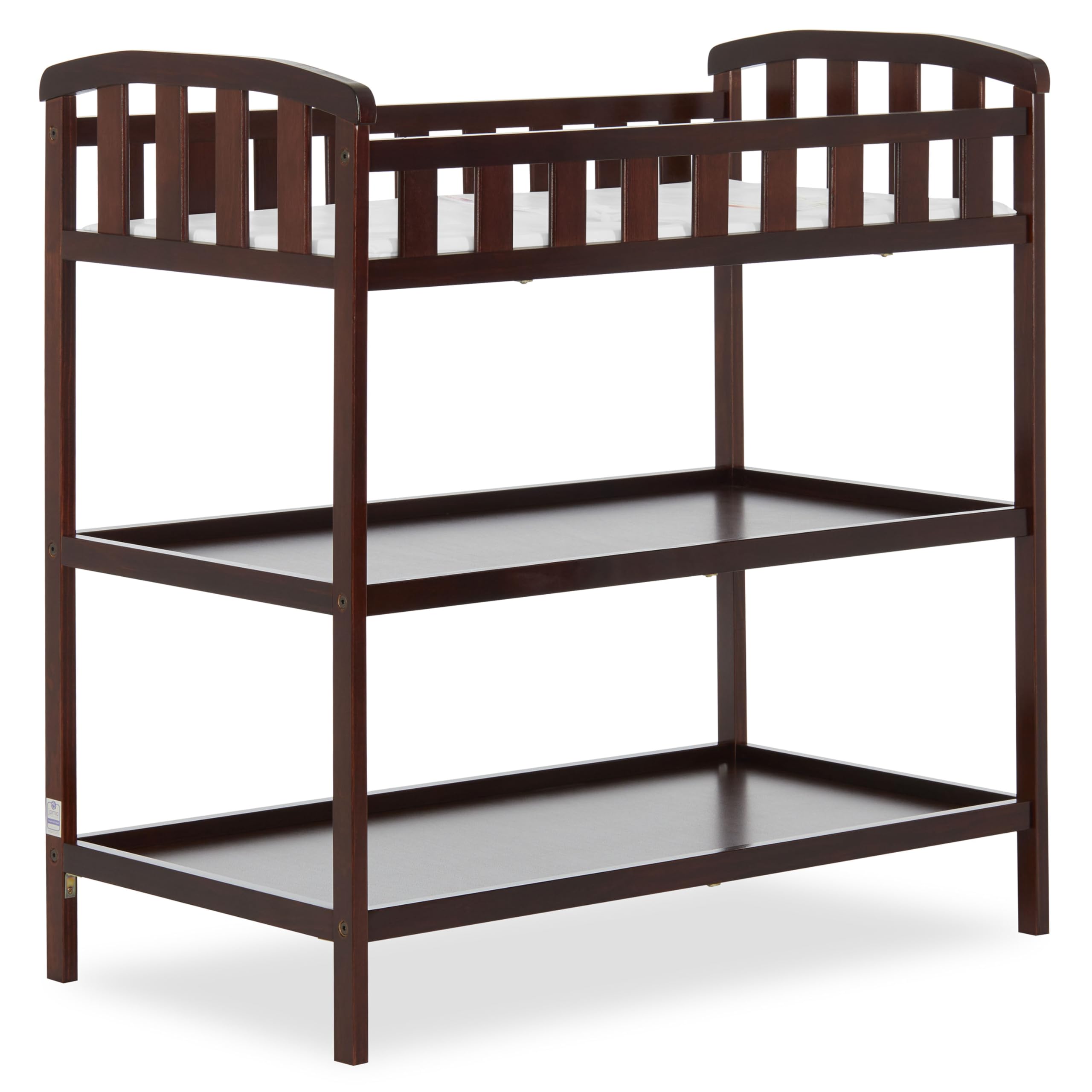 Dream On Me Emily Changing Table, Compact and Portable, Solid New Zealand Pinewood, Safety Rails, Two Storage Shelves, Includes Water-Resistant 1" Changing Pad — Espresso