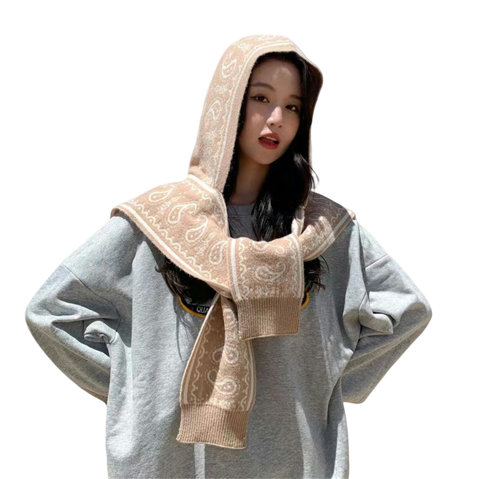Poncho Donna Scialchina con Cappuccio Donne Autunno E Inverno in Inverno Stile Etnico Sciarpa Calda Addensata-Beige
