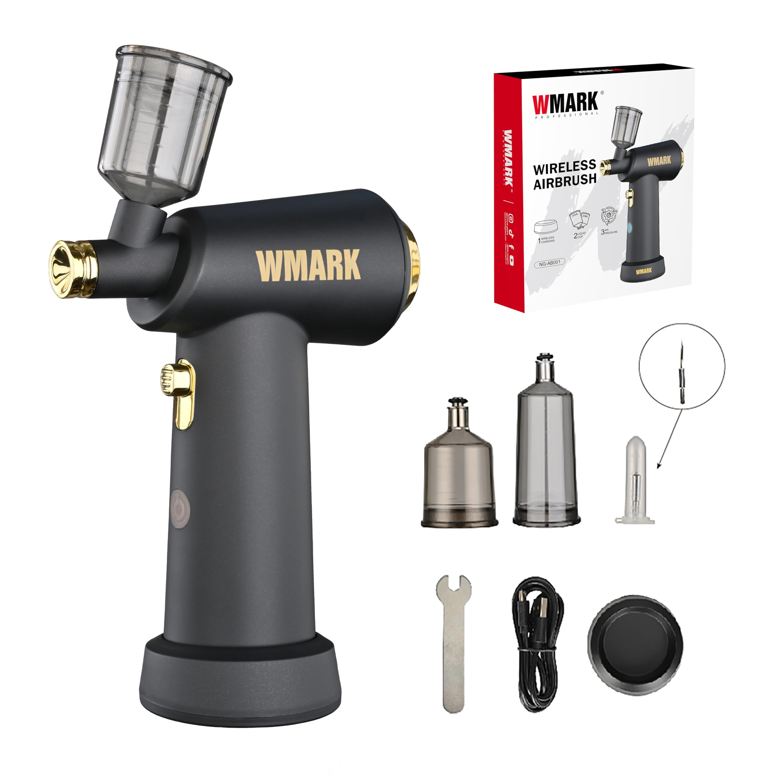 WMARK Professional Handheld Cordless Airbrush for Barber, Art & Painting - 3-Gear Air Pressure (18/21/25PSI) LED Light, Salon-Grade Precise Styling Tool, NG-AB001 (Black)