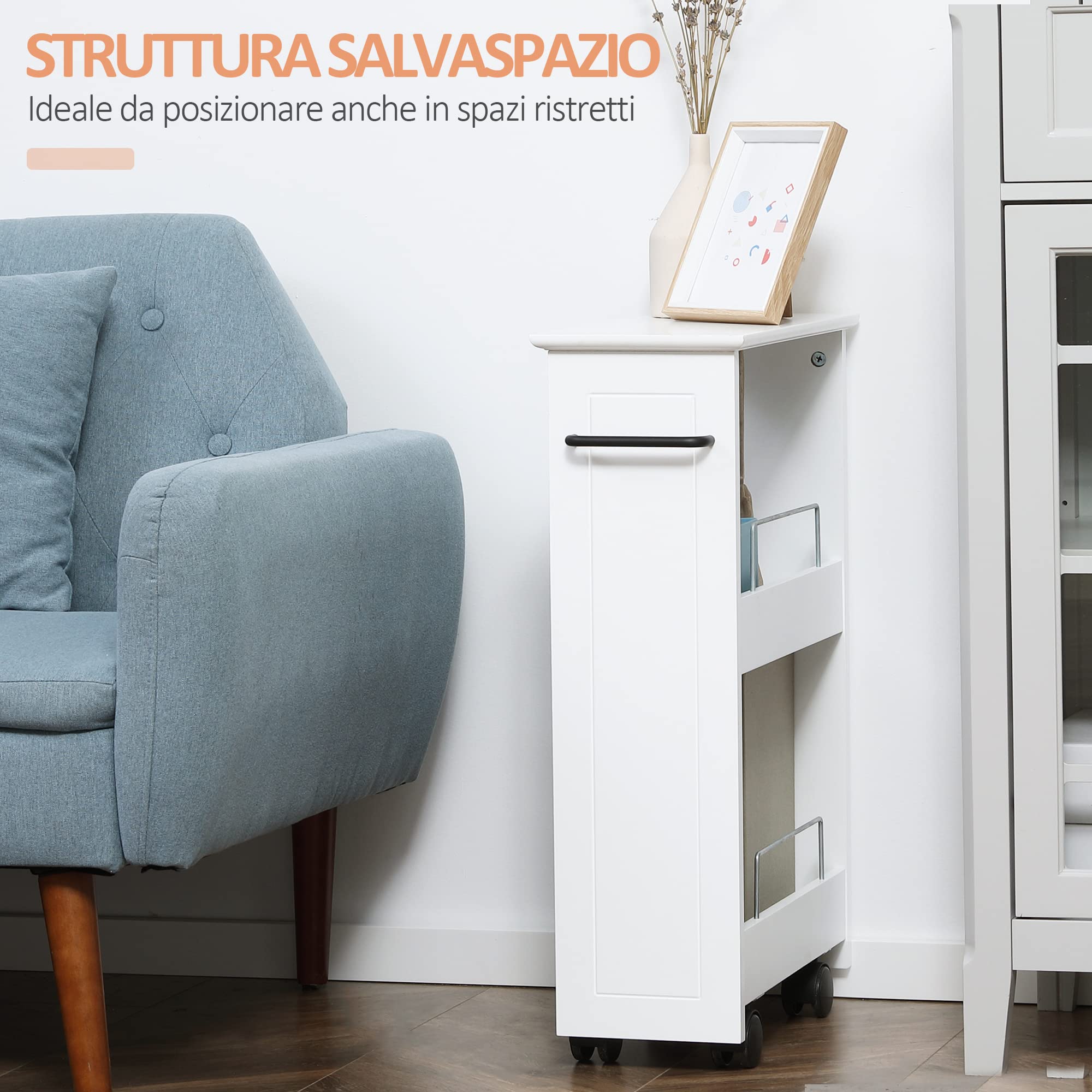 kleankin Carrello da Cucina Salvaspazio, Carrello da Bagno di Design, Multiuso, Salvaspazio, Scaffale in Legno MDF, Ruote Girevoli e Maniglia, 42.5x20.3x66.7cm, Bianco