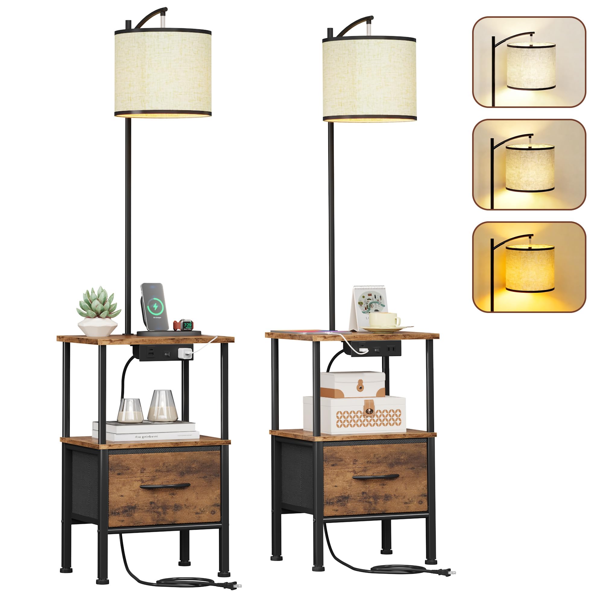 Photo 1 of HIGDBFE End Table with Light Set of 2, Side Table with Charging Station & USB Ports, Nightstand with Fabric Drawer, Coffee Table with 3 Color Temperatures Light for Living Room, Rustic Brown, 14.9" W