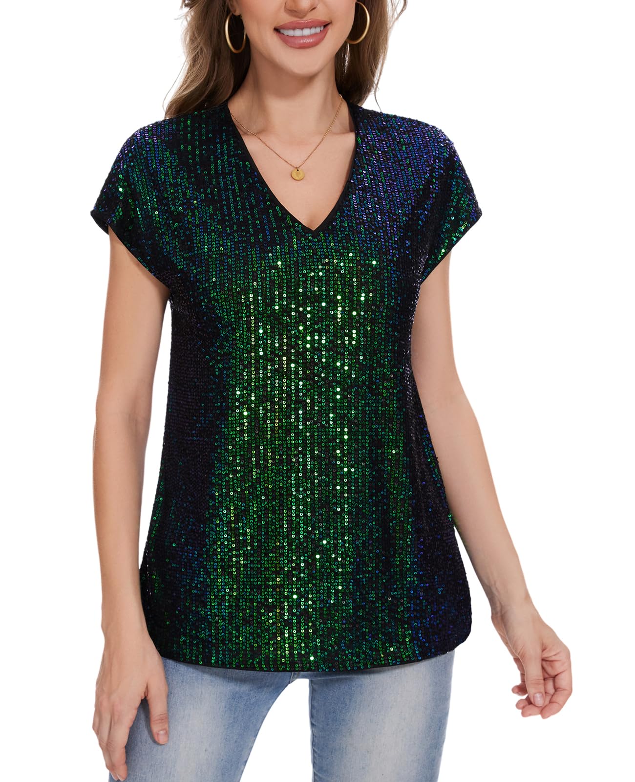 Blusa de lentejuelas brillantes para mujer, manga casquillo, cuello en V, blusa tipo túnica con lentejuelas con purpurina, holgada, casual, fiesta