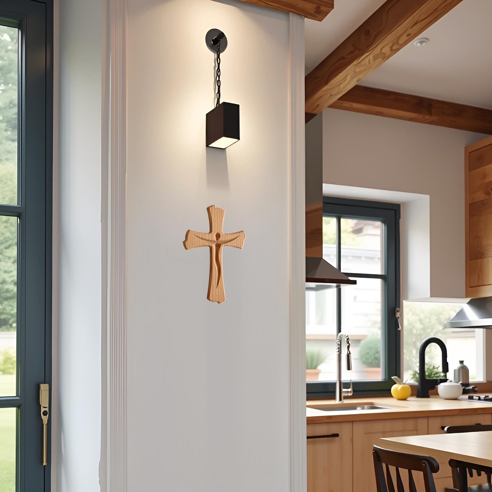 Croix murale crucifix en bois de hêtre véritable 20 cm moderne