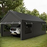 Shintenchi 12x20 Heavy Duty Carport Canopy Garage - Portable Shelter with Removable Side Doors & Roll-Up Windows for Cars Trucks Boats Grey