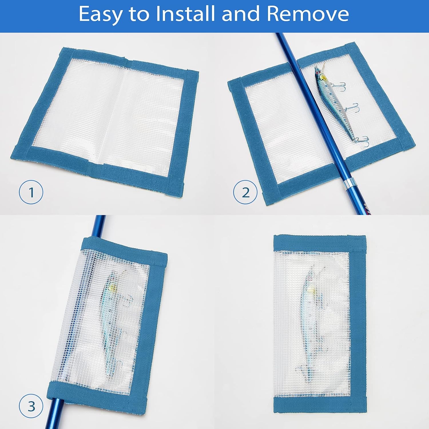 Fishing Lure Wrap for Rod, Tangle-Free Safety Hooks Cover, Secure Protectors Holder Storage for Various Bait (Blue - 4PK) image 3