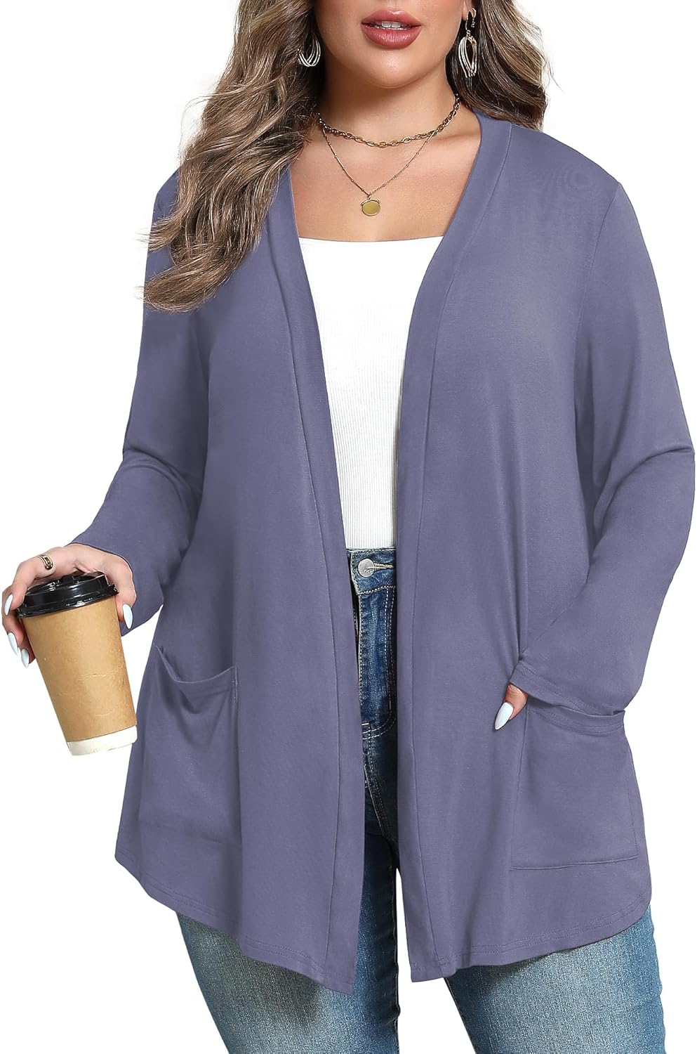 Women's Oversize Cardigans Lightweight Fall Long Sleeve Plus Size Flowy Open Front Shrugs with Pockets