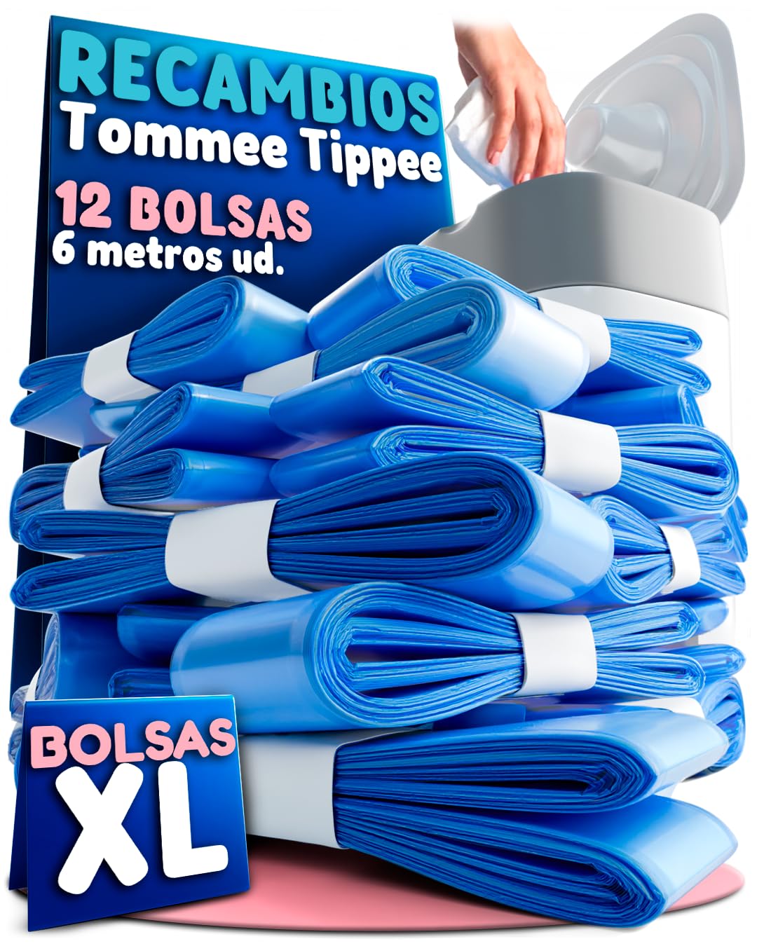 Pack 12 Recambios Papelera Pañales XL – 6 Metros por Unidad (72M Totales) – Aroma Talco Bebé – Bolsa Pañales Compatible Tommee Tipee Twist & Click, Simplee Sangenic, Sangenic Tec