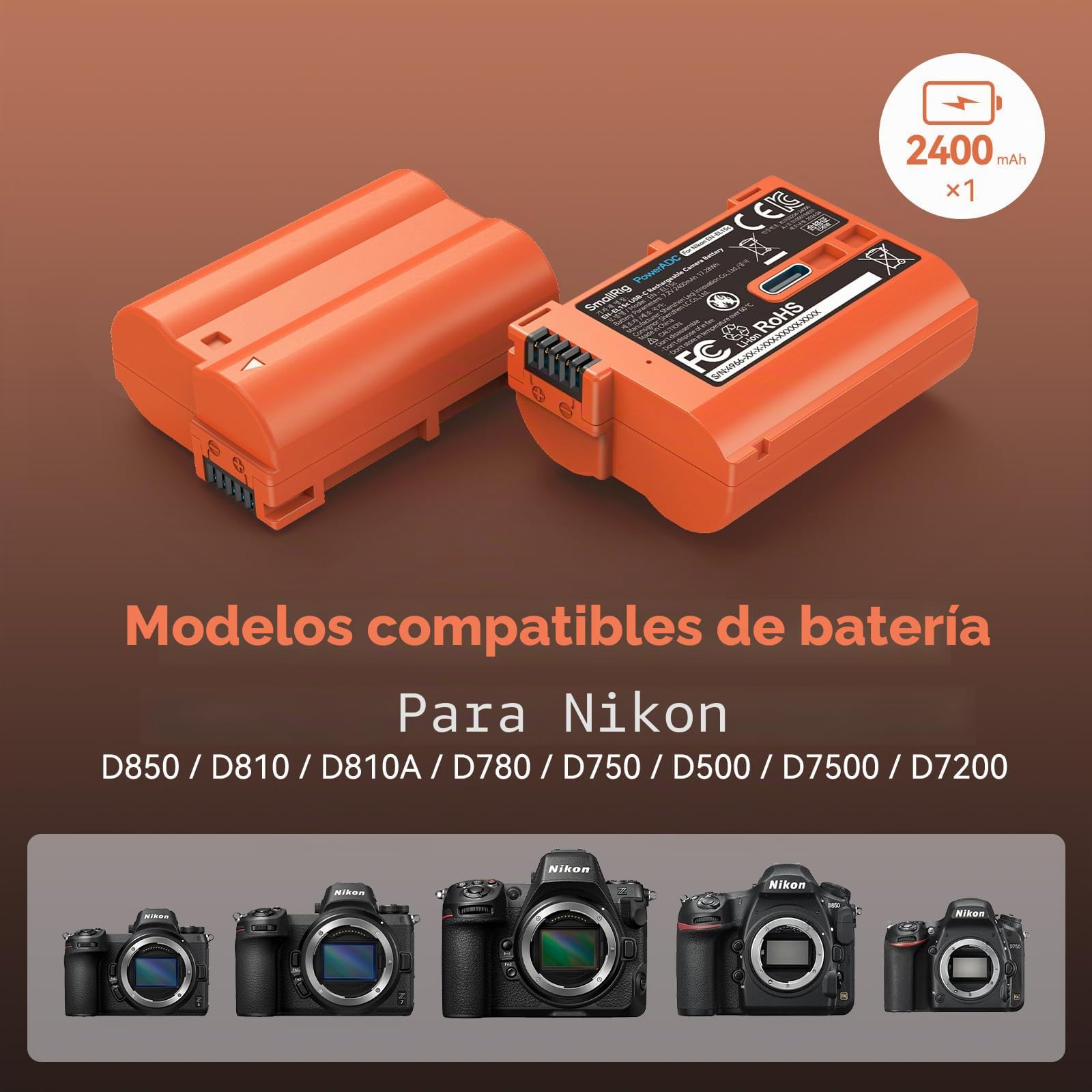 SMALLRIG Batería Compatible con EN-EL15C de 2400 mAh con Puerto USB-C para Nikon Cámara Z6 III, Zf, Z8, para Nikon Z7, Z6, Z7 II, Z6 II, Z5, D850, D810, D810A, D780, D750, D610, D500, Naranja – 4966