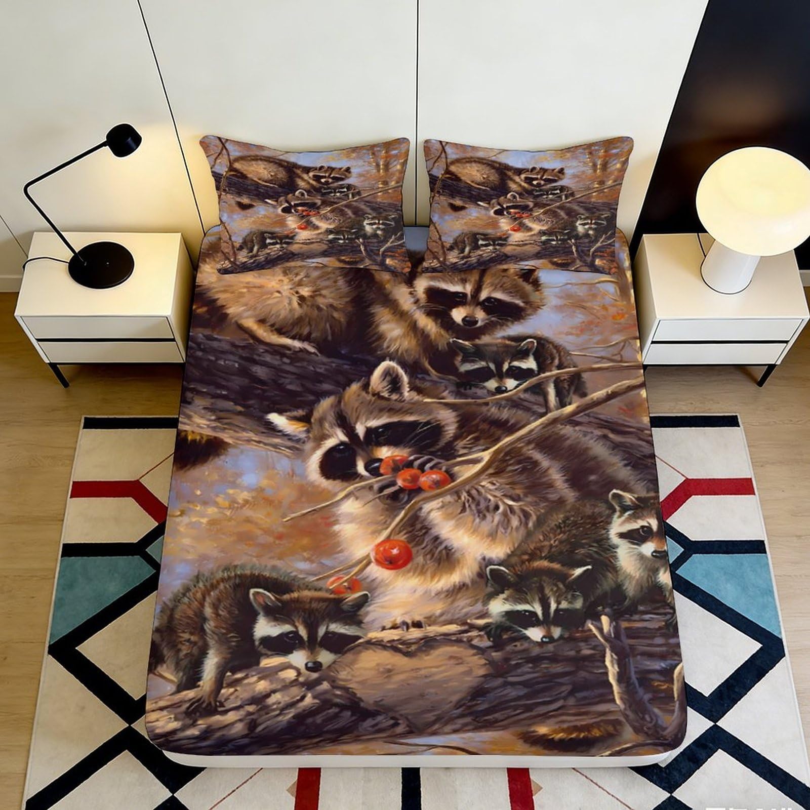 3D Printed Raccoon Forest Fitted Sheet Microfiber Soft Breathable Animal Tree Bed Cover for Bedroom Guest Room 90x200x25cm