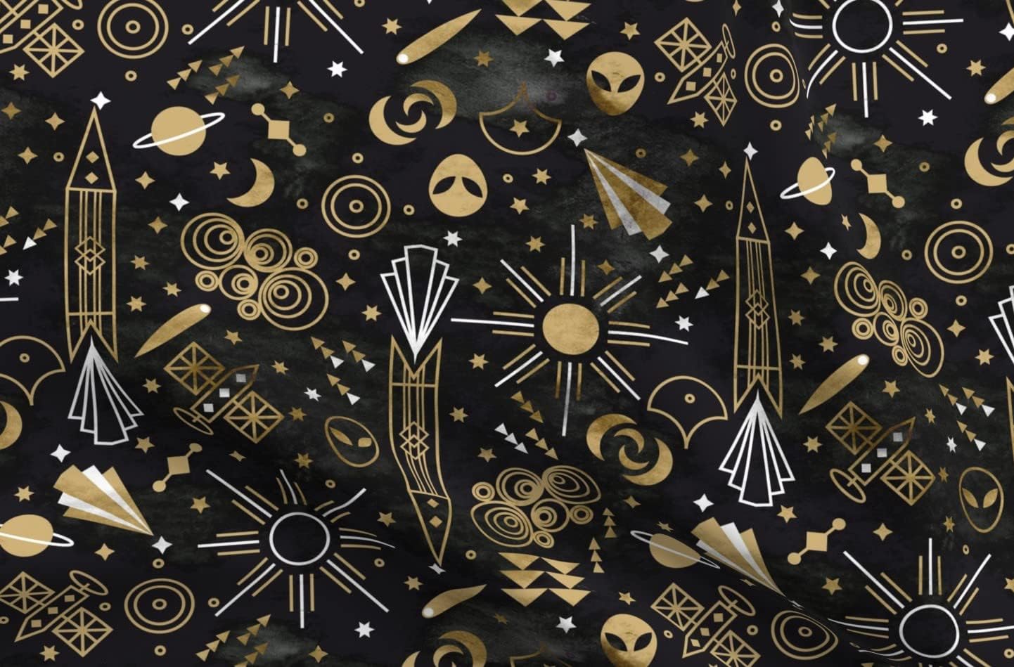 Spoonflower Fabric - Art Deco Outer Space Medium Scale Black White Stars Gold Printed on Petal Signature Cotton Fabric Fat Quarter - Sewing Quilting Apparel Crafts Decor