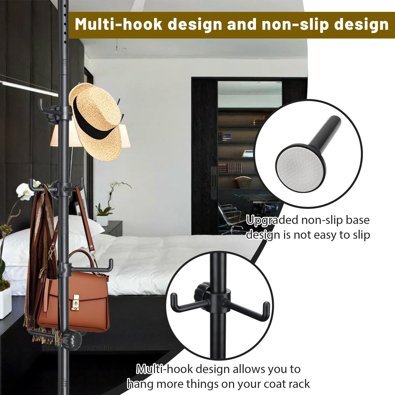 Appendiabiti autoportante, regolabile, 142,2-317,5 cm, asta di tensione, 12 ganci, per cappotti, cappelli, camera da letto, soggiorno, cucina, bagno, appartamento, ingresso, ufficio, nero