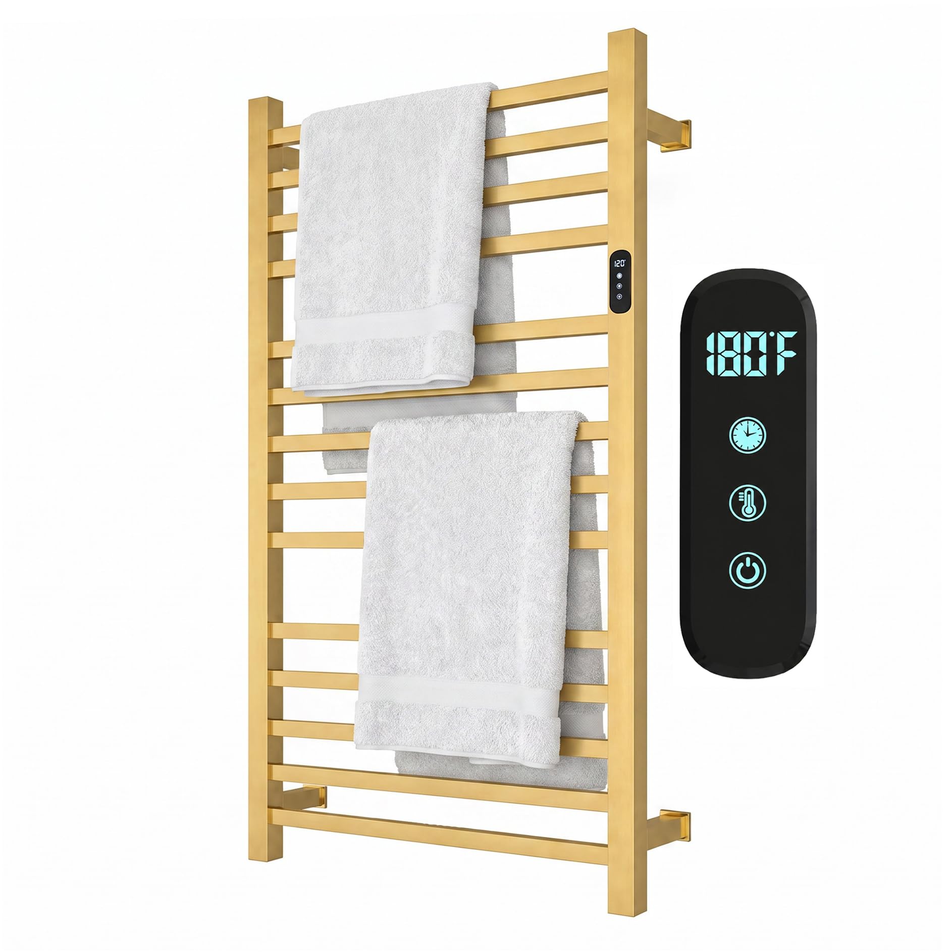 Luxury Gold Heated Towel Racks for Bathroom, Wall Mounted Electric Towel Warmer Rack with Timer &amp; Fahrenheit Temperature Control, 14 Bar Stainless Steel Towel Heater for Bathroom(Brushed Gold)