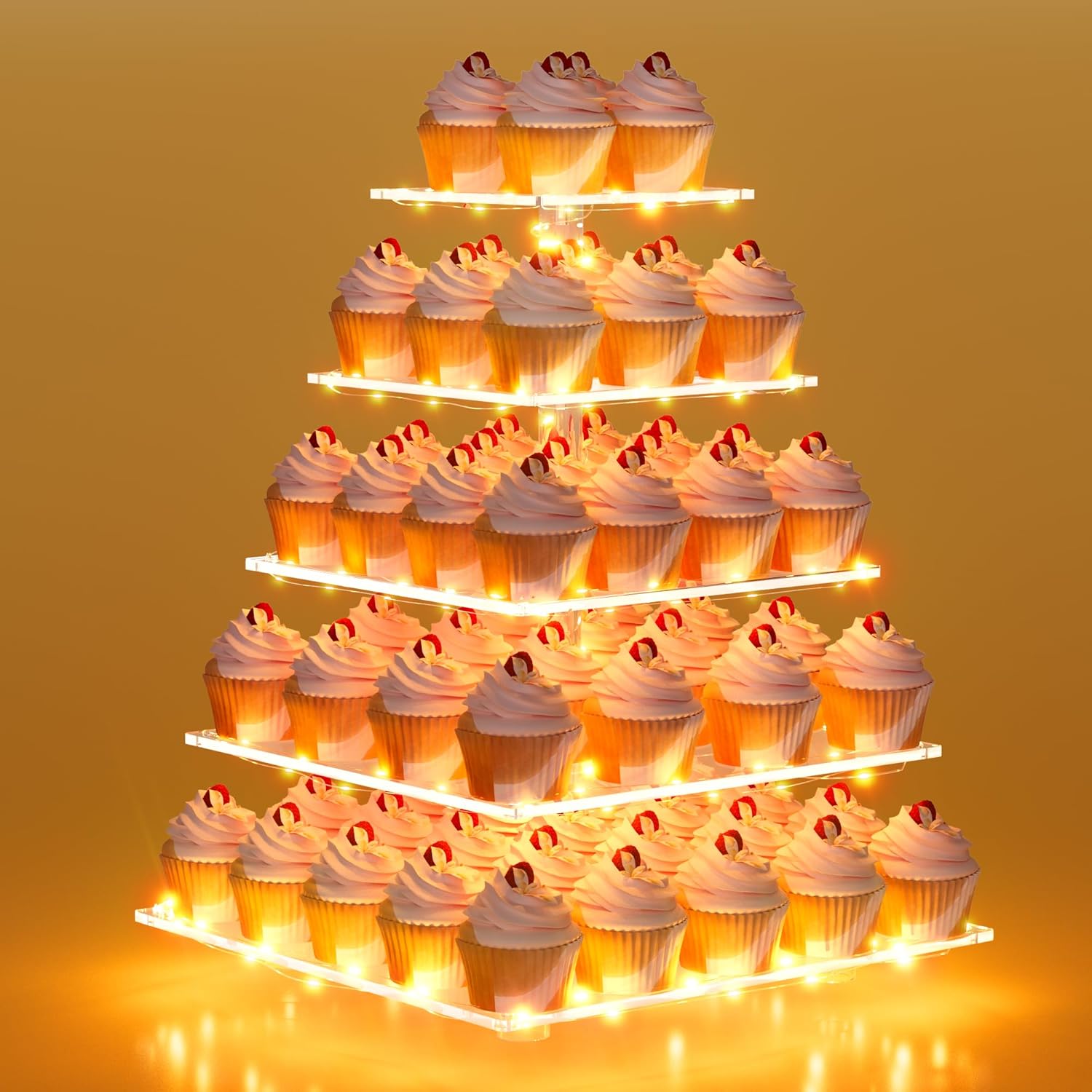 weddingwish 5 Tier Acrylic Cupcake Stand with LED Light, Clear Cupcake Stand for 50 Cupcakes, Cupcake Holder Tower Dessert Table Display Set for Birthday, Baby Shower, Tea Party and Wedding Décor 5 Tier Yellow