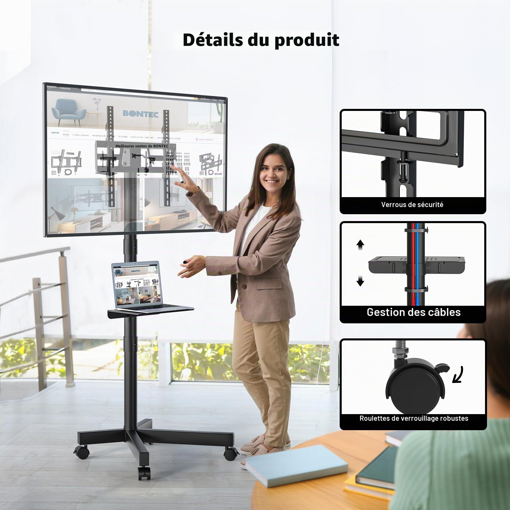 Support TV BONTEC sur Roulettes pour Téléviseurs 23-60 Pouces, Pied Réglable en Hauteur, Max VESA 400x400mm, 40 kg