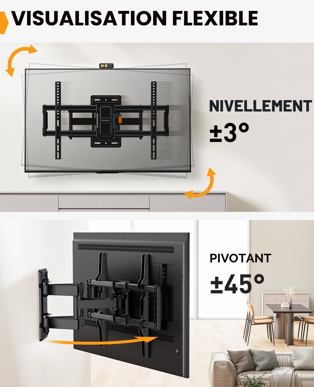 Perlegear Support Mural TV Orientable pour écrans 42-86 Pouces Jusqu'à 60 kg, Bras Television Mural Mouvement pour écrans Plats/Courbés, Inclinaison sans Outil, Max. VESA 600 x 400mm