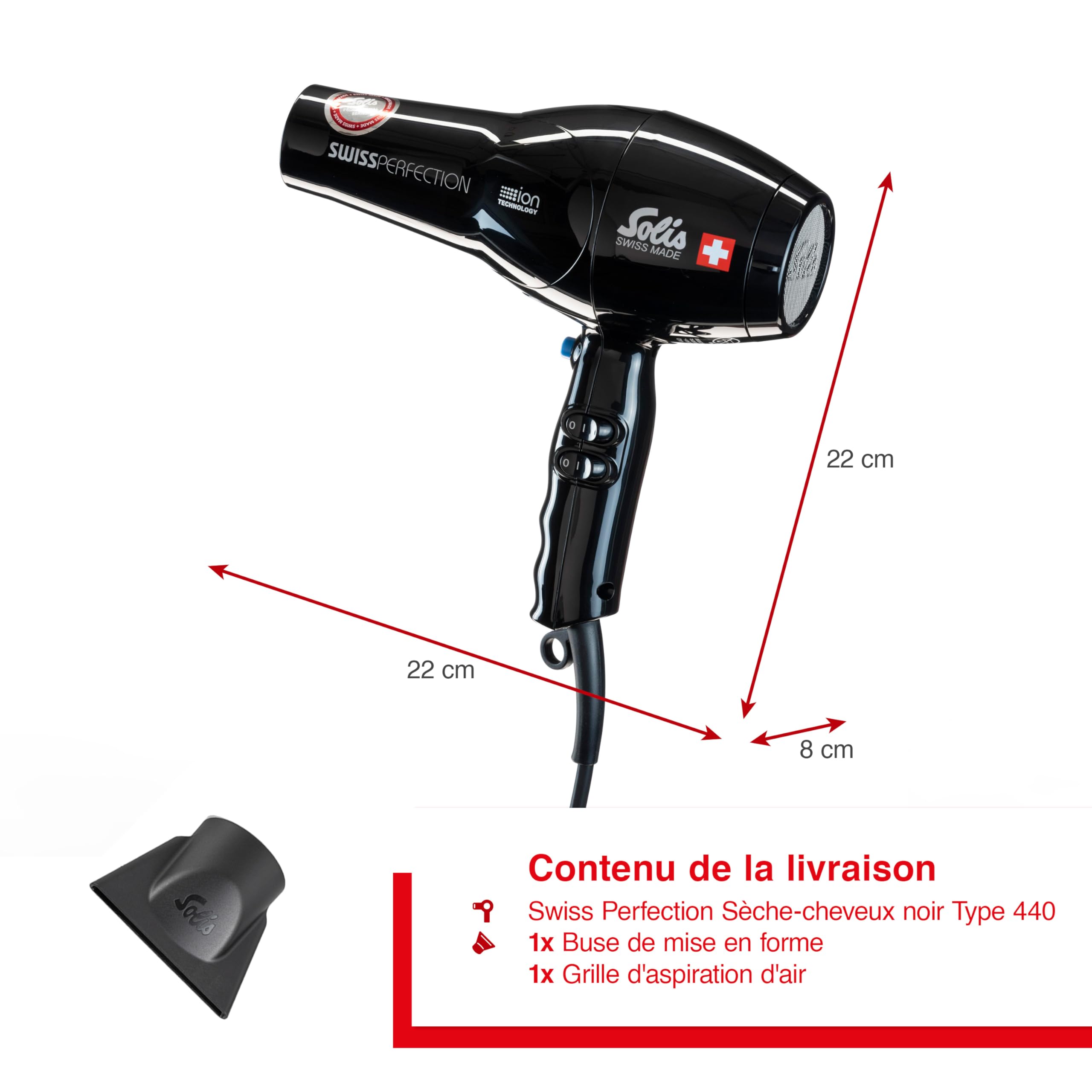 Solis Sèche-Cheveux Professionnel Swiss Perfection Type 440, 2300 W, Moteur AC, Technologie Ionique Céramique Tourmaline, 3 Niveaux de Température et Ventilation, Bouton Air Froid, Noir