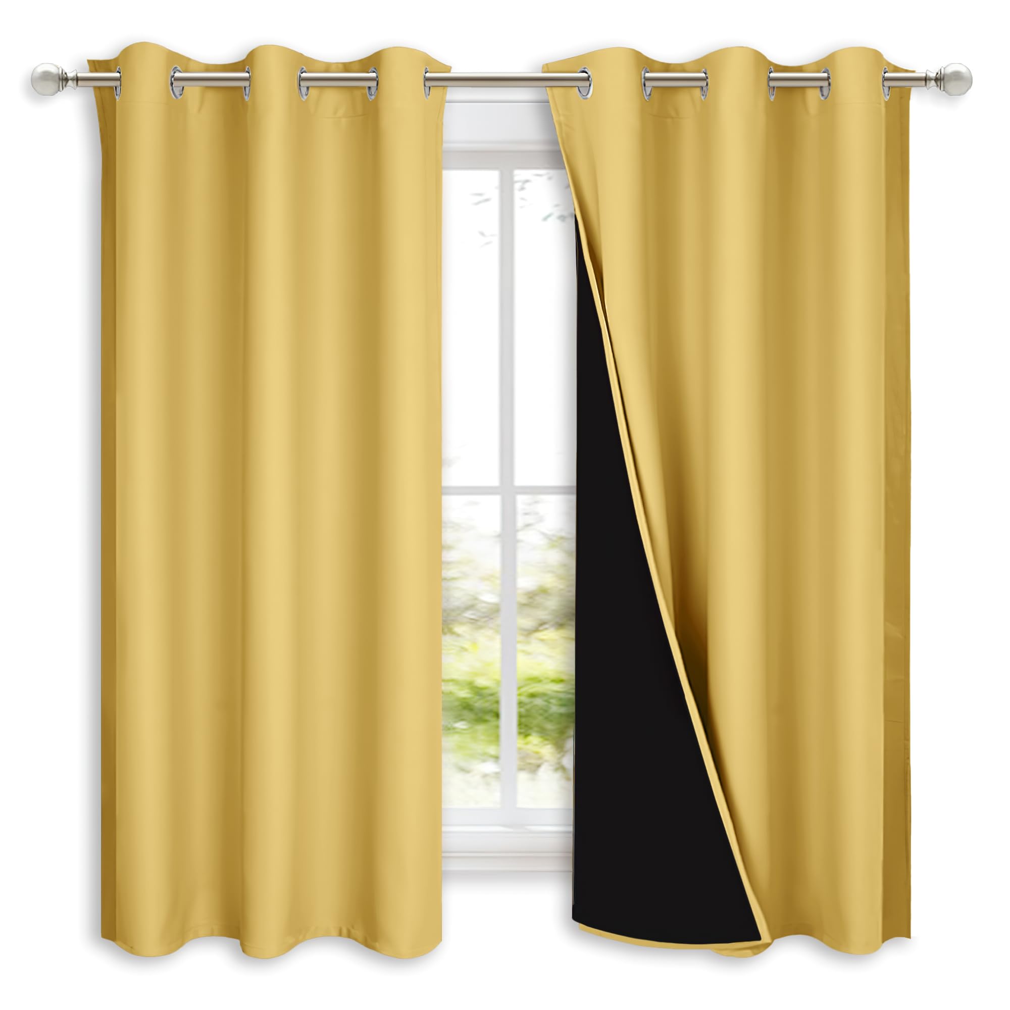 NICETOWN 100% Blackout Curtains with Black Liners, Solid Thermal Insulated Full Blackout 2-Layer Lined Drapes, Energy Efficiency Window Draperies for Bedroom (2 Panels, 42" W by 63" L, Bright Yellow)
