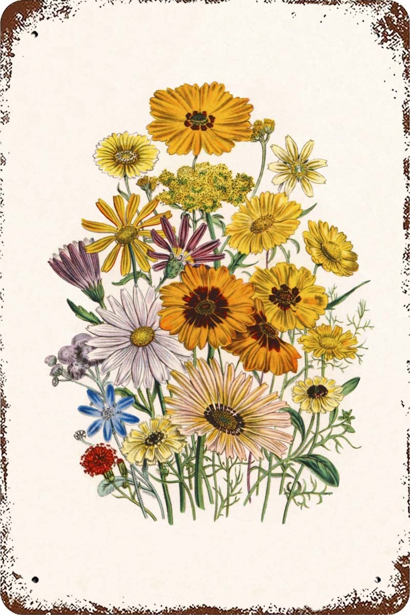 Garden Flowers Tin Sign Vintage Daisy Flowers Metal Tin Sign for Farm Home Garden Coffee Wall Decoration 8x12inch