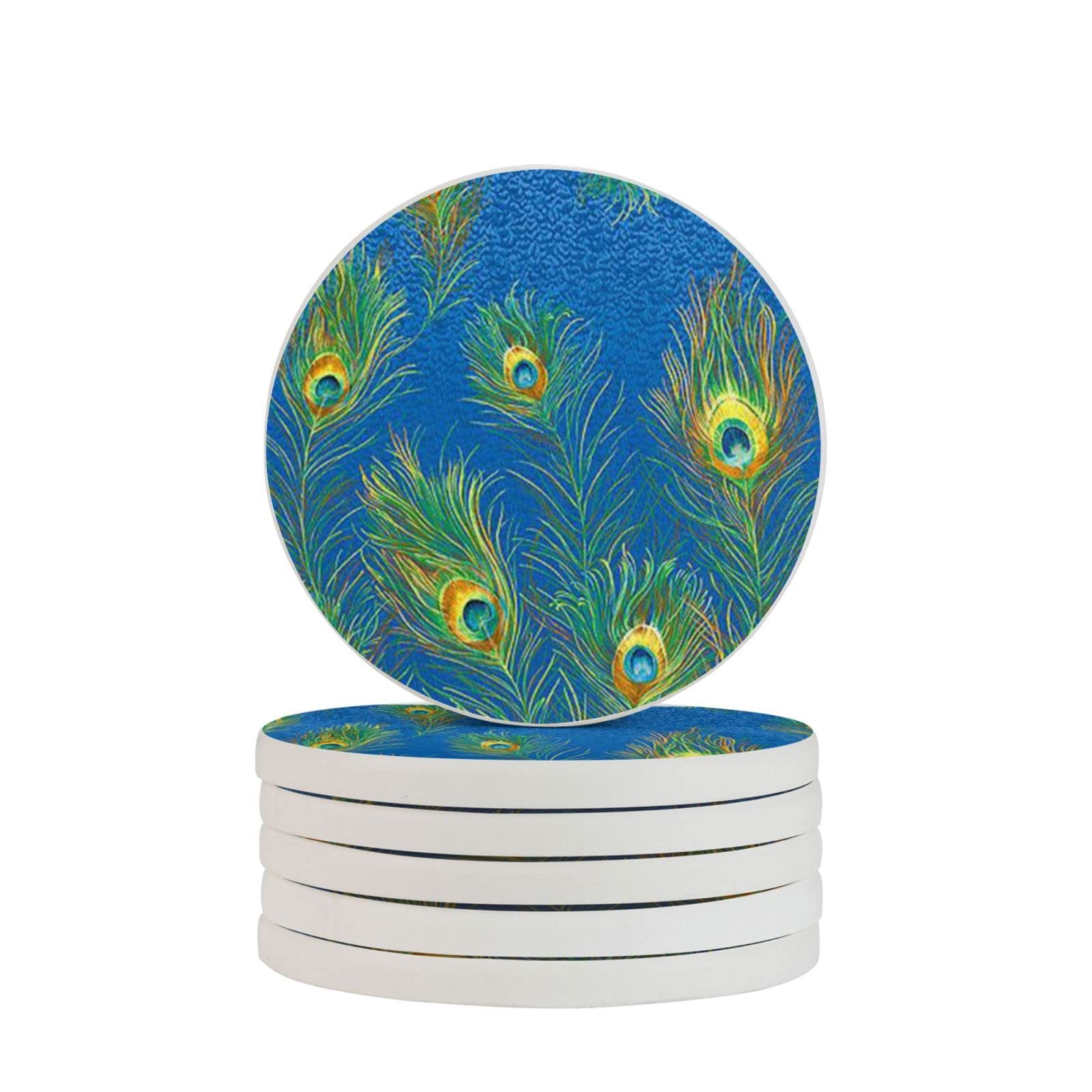 Peacock Feather Pattern Two Pieces Drink Coaster for Tabletop Protection Place Mats for Home Decor