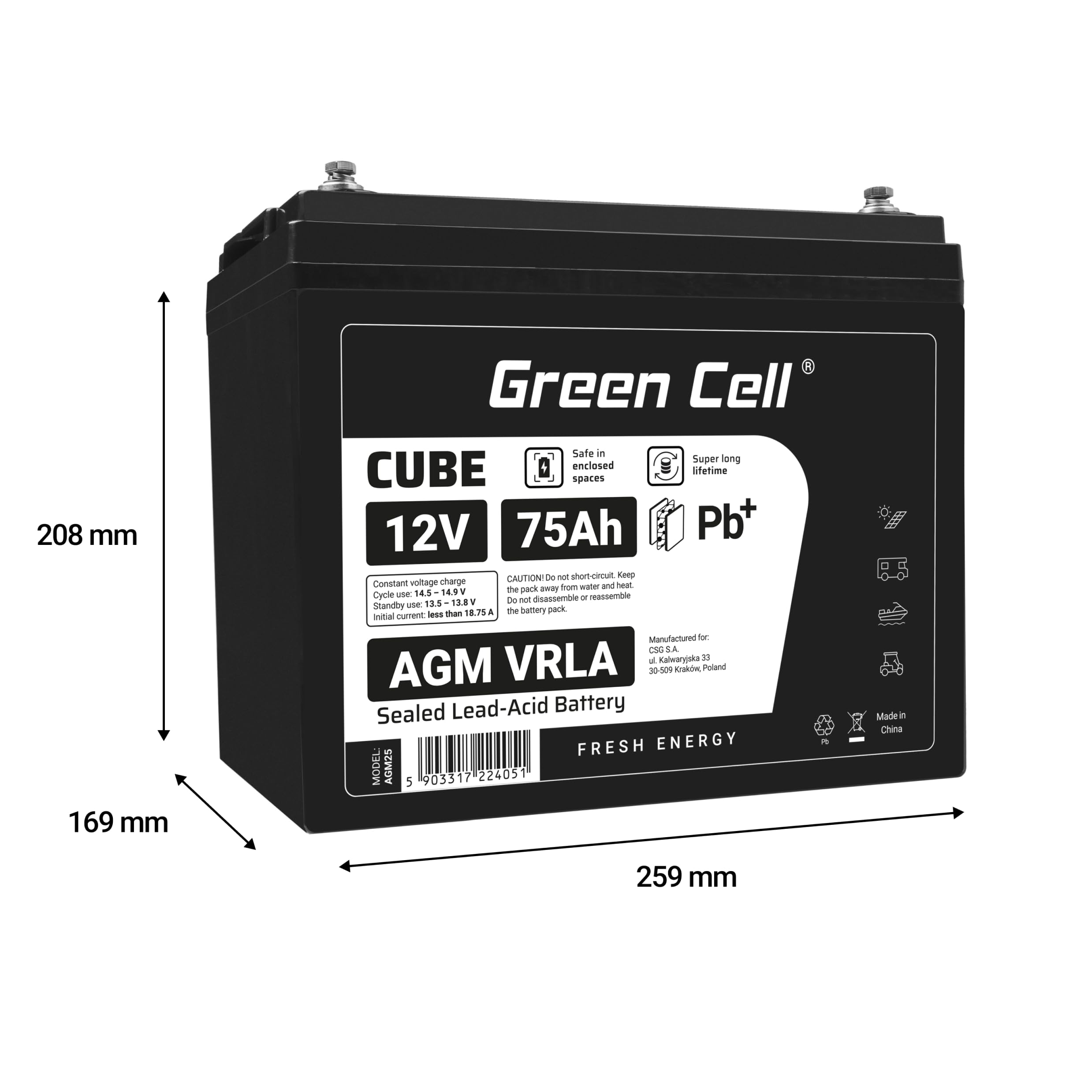 Green Cell AGM 12 V 75 Ah con batteria IP54 in tessuto non tessuto, batteria al piombo, batteria di ricambio, resistente ai cicli, non necessita di manutenzione, barca elettrica da traina (12 V 75 Ah)