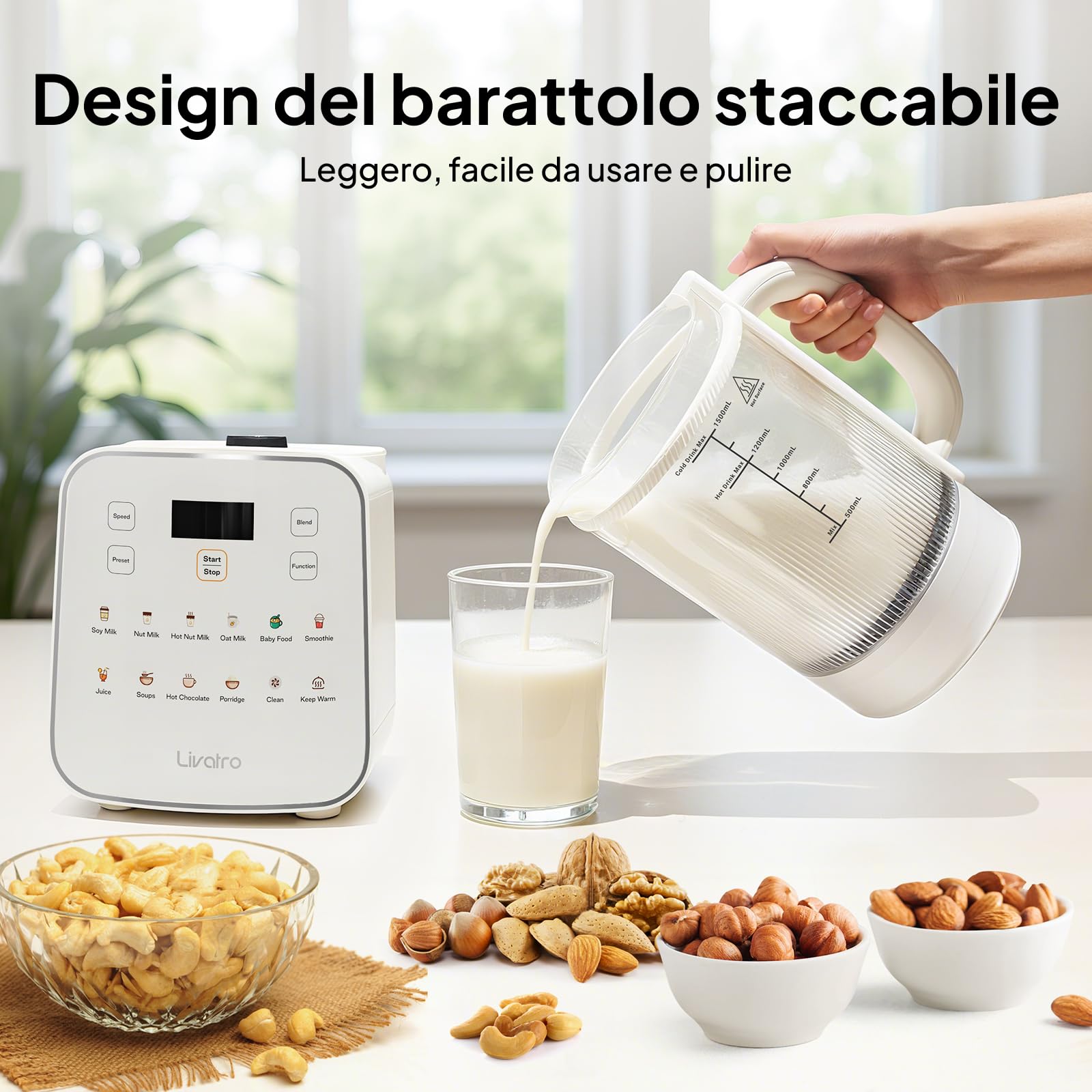 Macchina per latte vegetale 1,5 L 12‑in‑1,maker latte di soia automatico,design staccabile,latte di mandorla/avena e succhi, timer 24 h,mantenimento caldo,auto‑pulizia,blocco sicurezza