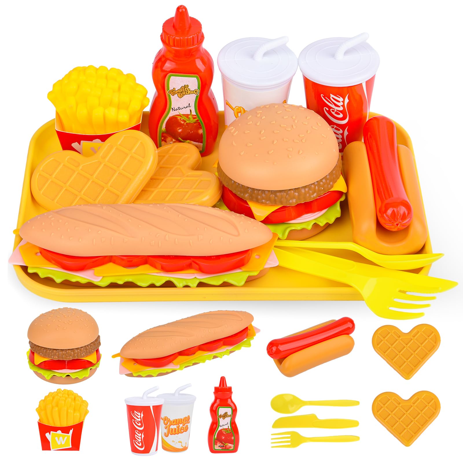 Pretend Play Fast Food Set,Play Food for Kids with Take Apart Burger and Hot Dog Plastic Toys Food,Play Kitchen Accessories Role Play Toys Christmas Birthday Gift for Kids Toddler Boys Girls