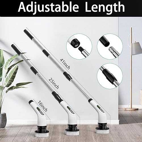 Miniatura 6 de Limpiador eléctrico inalámbrico giratorio  IPX7 impermeable, pantalla LCD, 8 cabezales de cepillo, mango de extensión ajustable, para ducha, bañera,