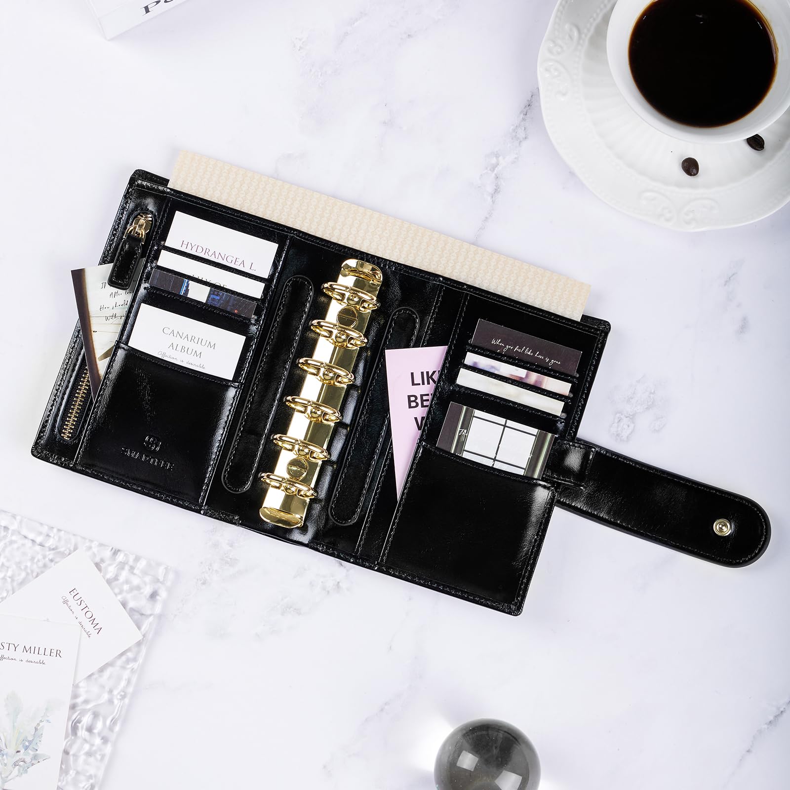 Agenda tascabile in pelle, raccoglitore a 6 anelli con foglia, anello dorato da 25 mm, pelle cerata ad olio (nero)