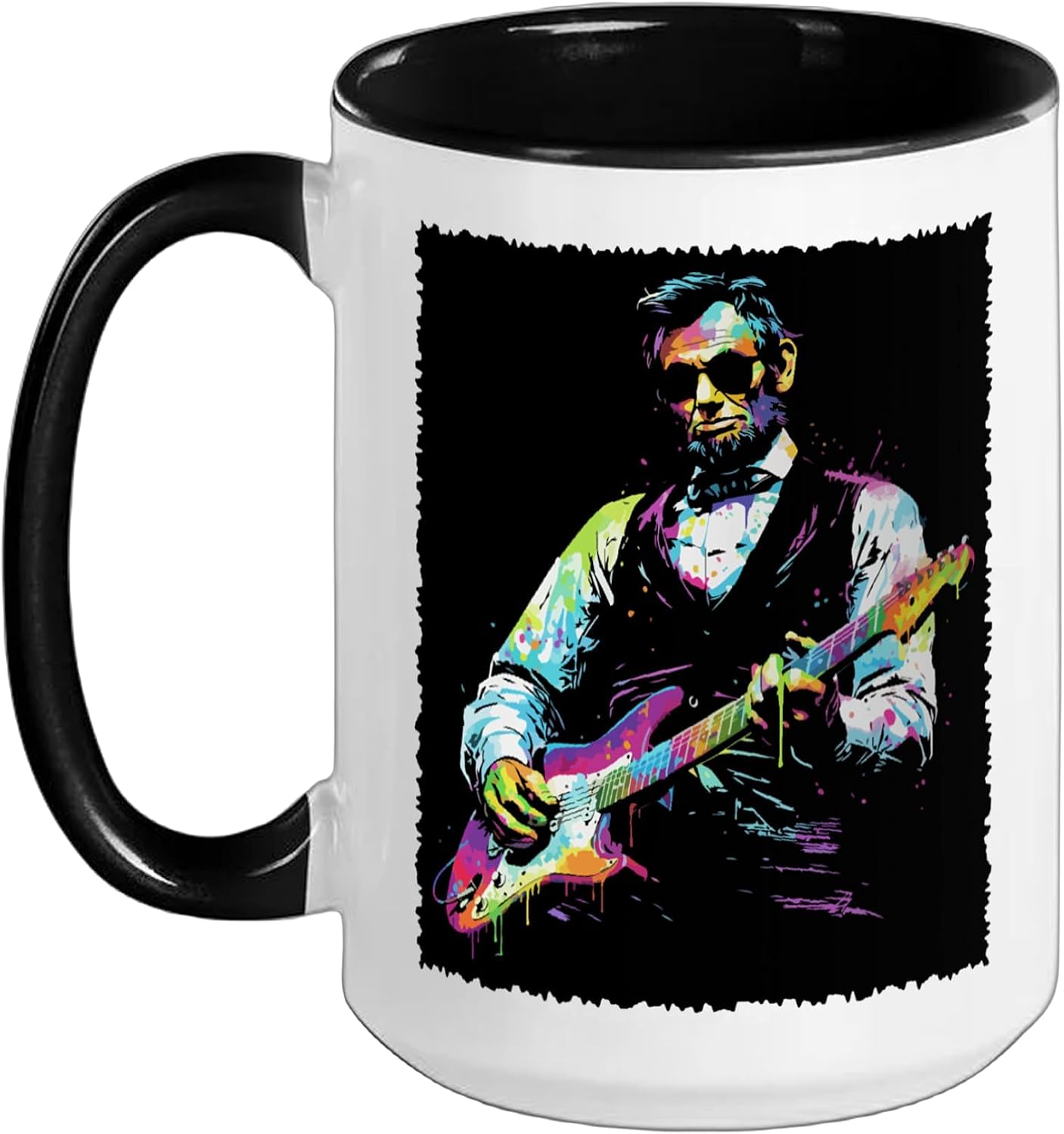 Rave President Abe Lincoln Playing Guitar Graphic EDM Art Ceramic Mug, Black/White, 15oz
