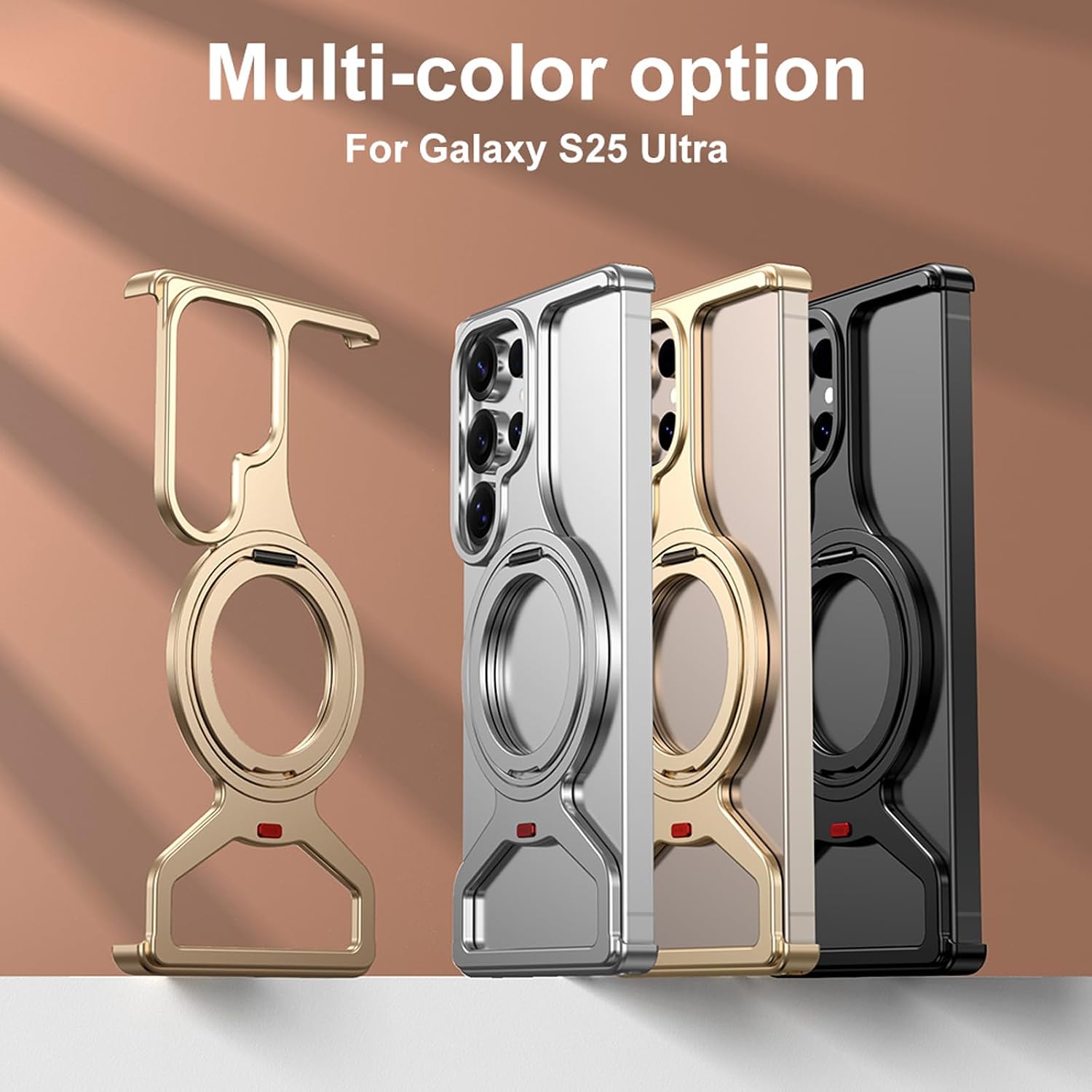 Case for Samsung Galaxy S25 Ultra, Aluminum Metal Drop Protection Cover with Magnetic Ring 360° Rotating Kickstand - Slim Frameless Design, Compatible with MagSafe & Adjustable Phone Stand (Gold)
