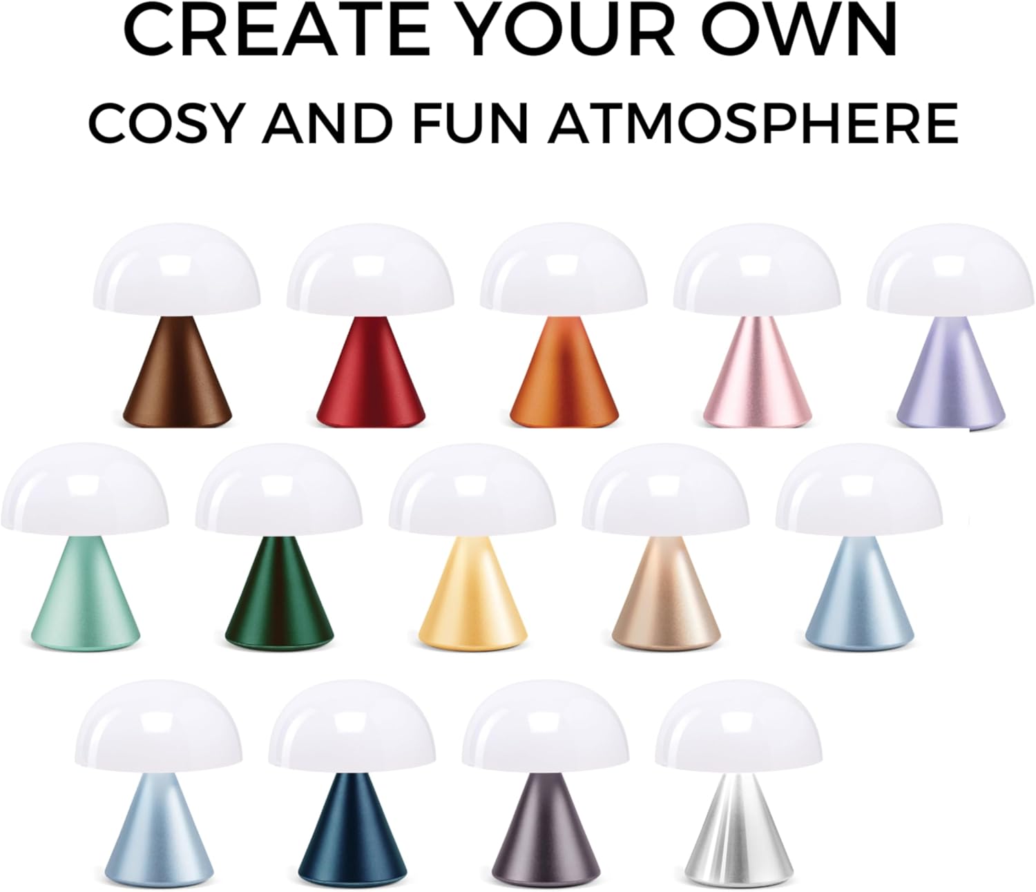 Multiple Lexon Mina lamps in various colors creating a cozy atmosphere.