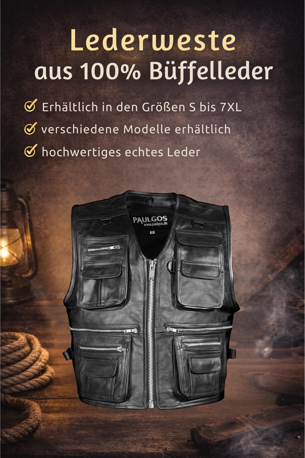 PAULGOS Lederweste Weste Kutte Leder Biker Rocker Motorrad Clubweste Bikerweste Motorradweste Schwarz BW11