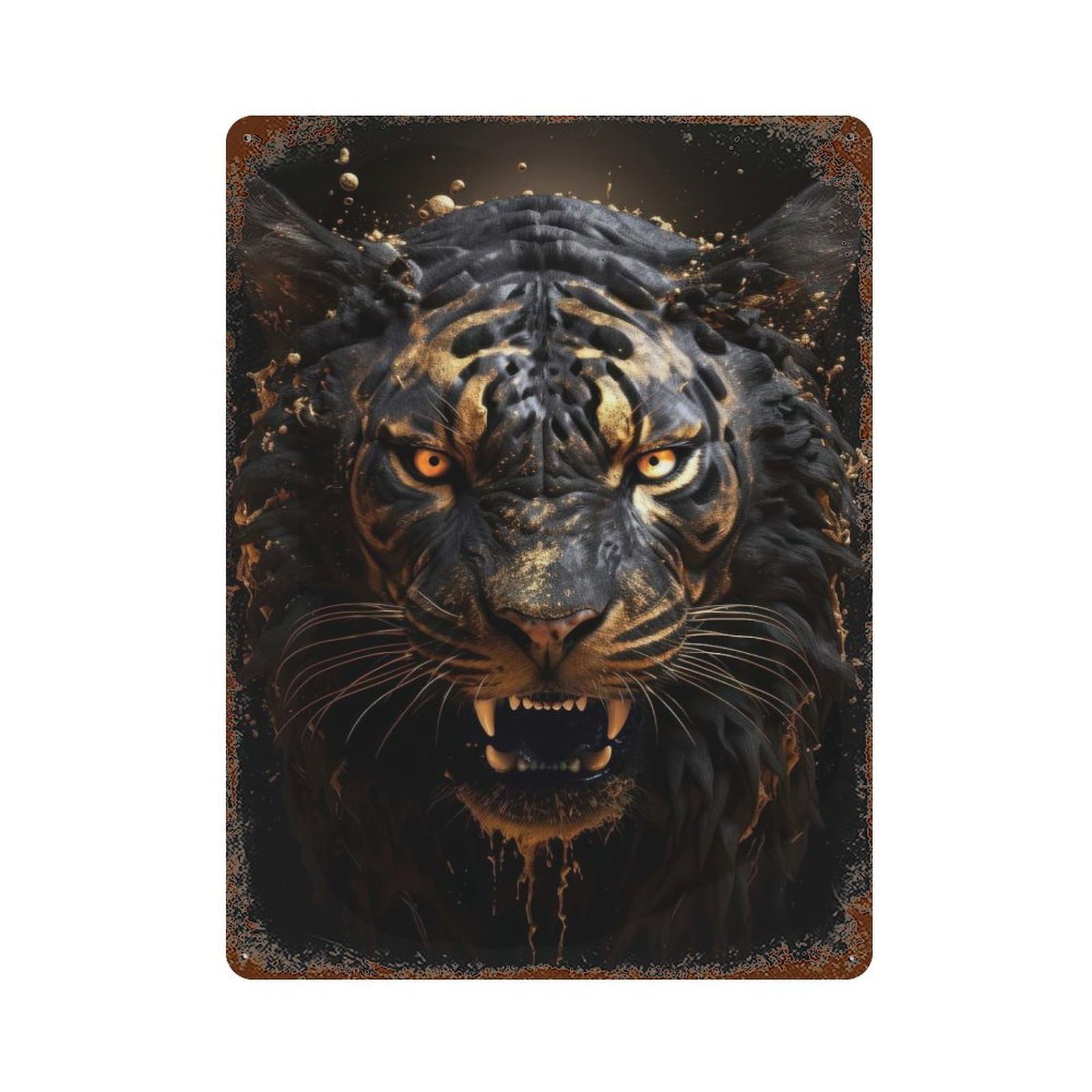 Golden Evil Tiger 15.7"x11.8" Rustic Tin Plaque, Novelty Wall Decor for Living Room, Hallway And Home Decor