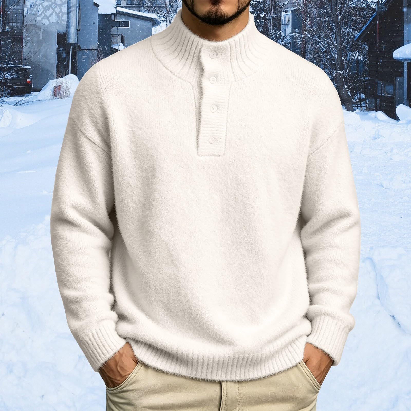 Męskie swetry puszyste dzianinowe swetry casualowe topy Henley z długim