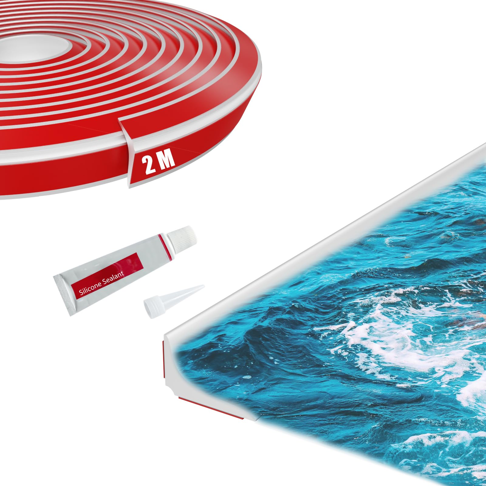 FFPMYF Water Stopper Shower Door Seal Kitchen Strip Worktop Splash Guard Silicone Tube Water Splash Guard (White-2M)