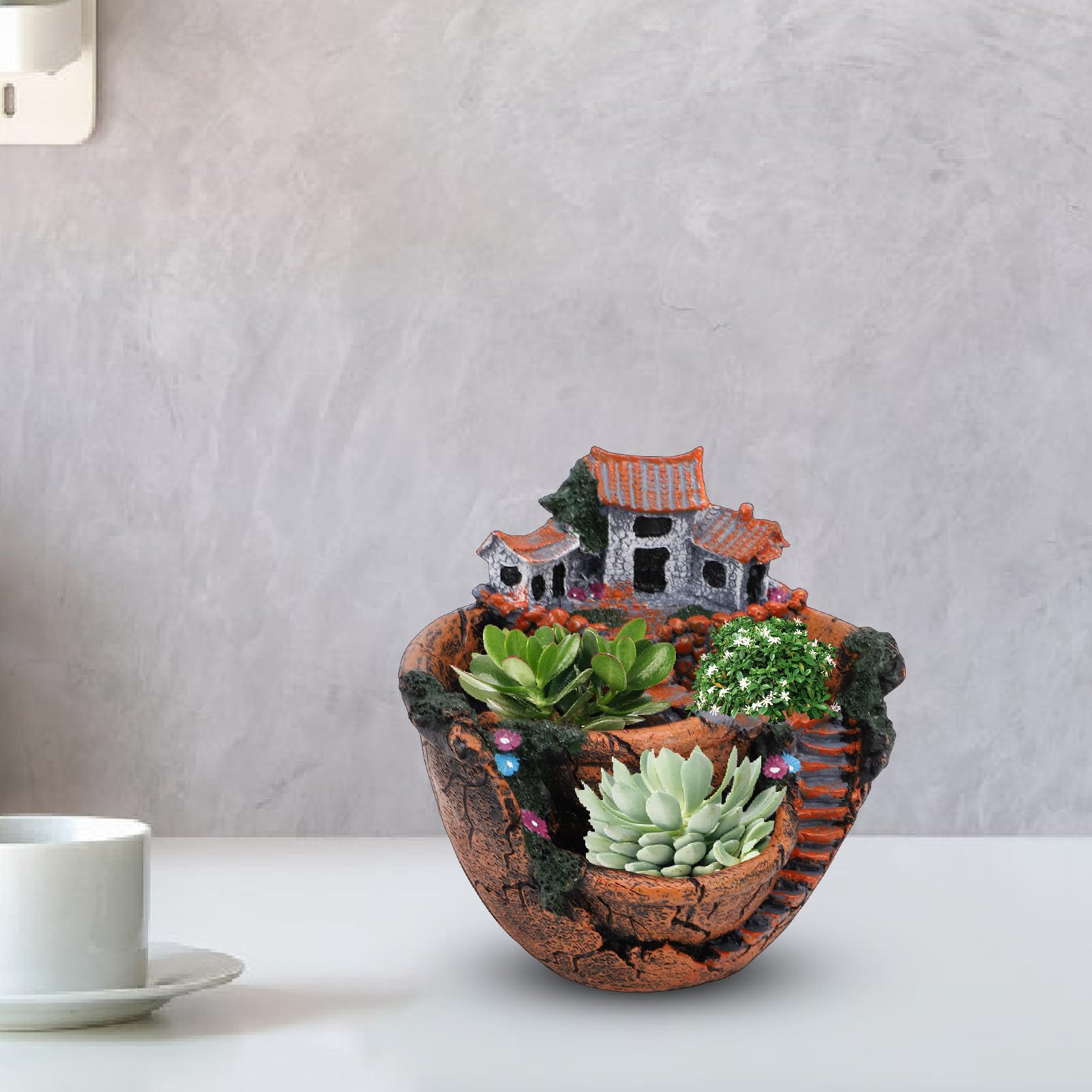 Feengarten-Pflanzgefäß, Miniatur-Landschafts-Hängeharz-Pflanzgefäß für Sukkulenten mit Gemütlichem Cottage-Design, für Heimbüro-Balkondekoration