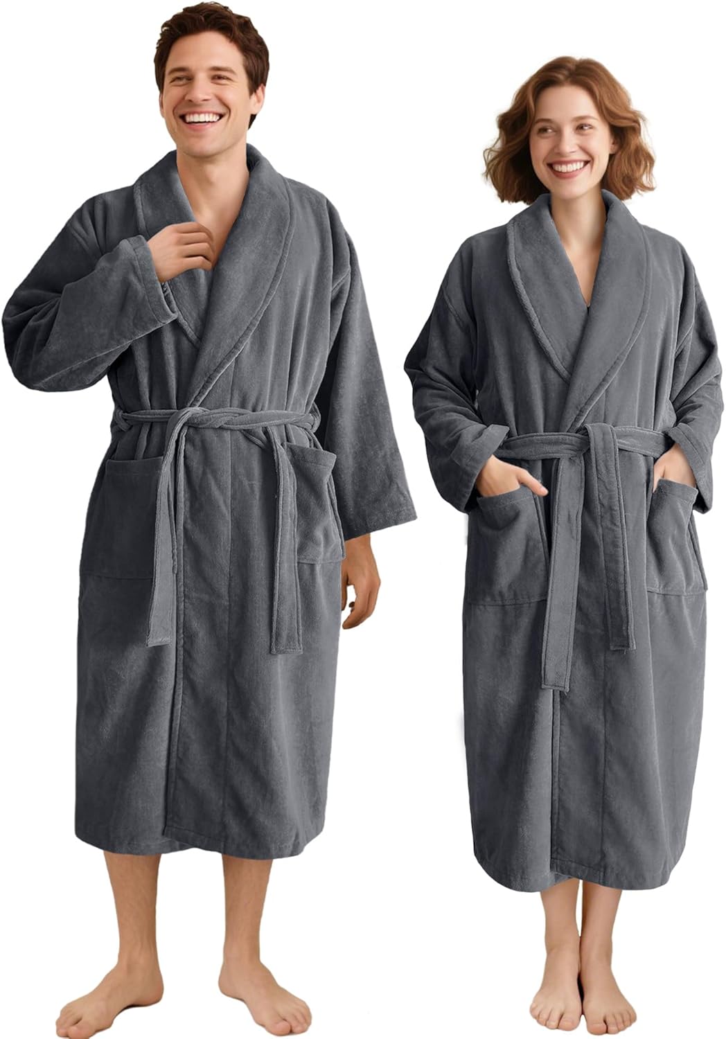 VOOVA & MOVAS Towel Robe for Men Women,Premium 100% Cotton Terry Shawl Collar Super Absorbent Unisex Bathrobe, Ideal Bathroom Robe,Gray